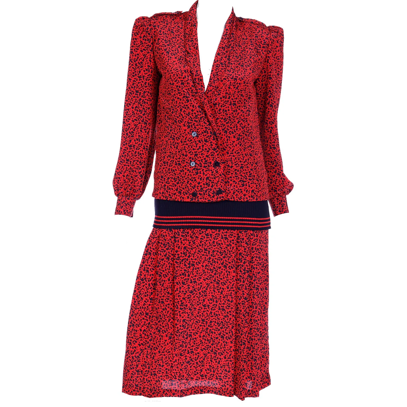 1980s Vintage Red & Black Print Silk Drop Waist Dress w Ribbed Knit Trim