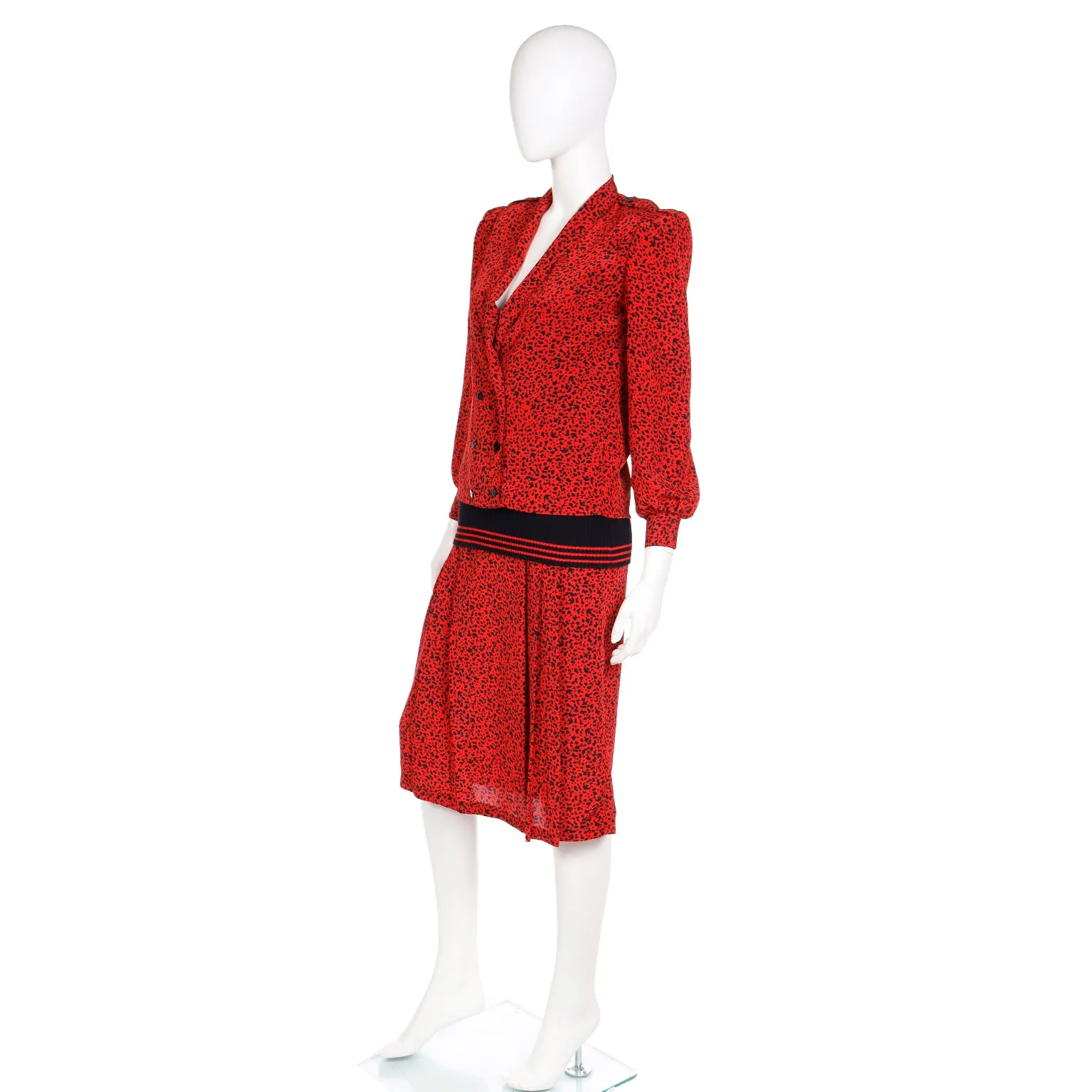 1980s Vintage Red & Black Print Silk Drop Waist Dress w Ribbed Knit Trim