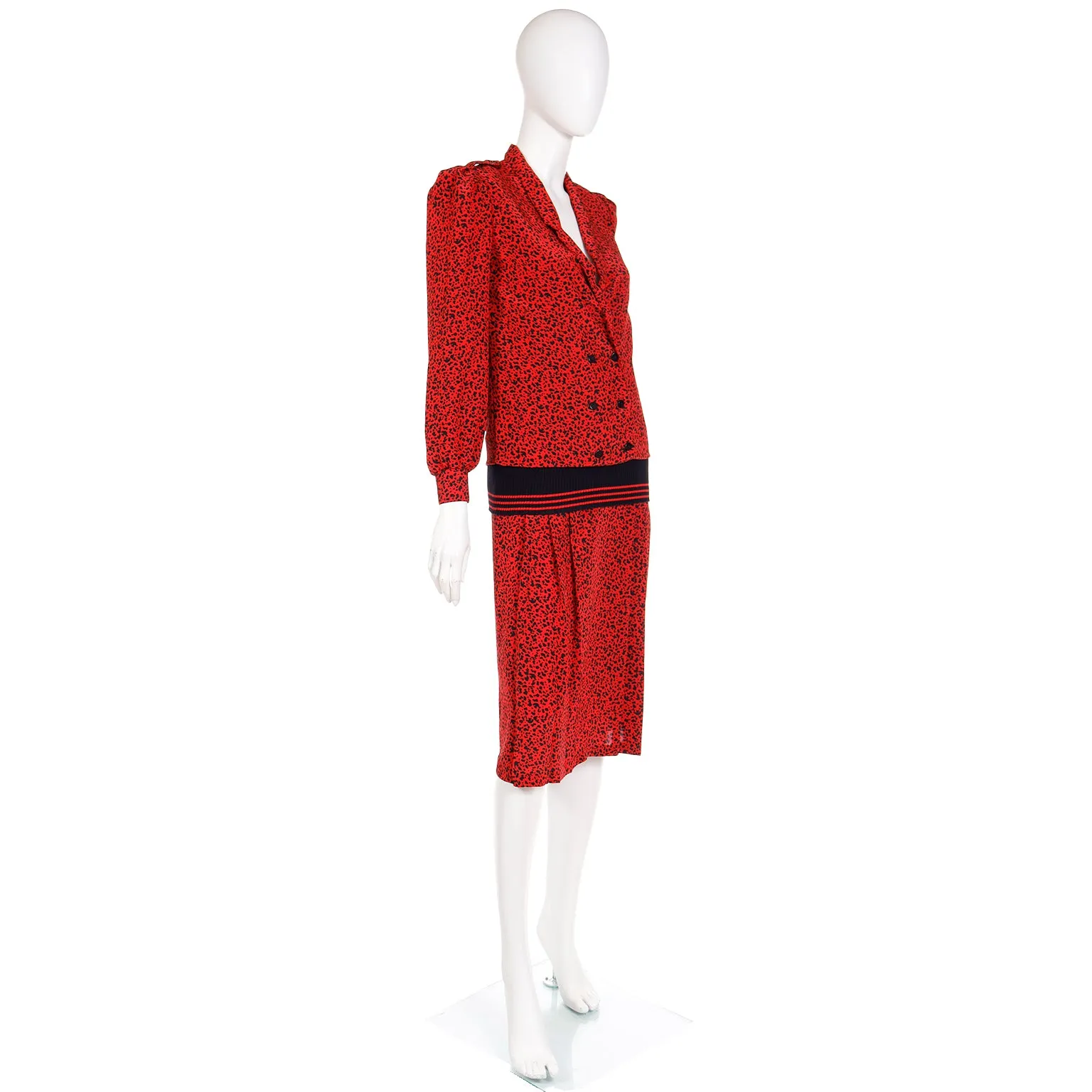1980s Vintage Red & Black Print Silk Drop Waist Dress w Ribbed Knit Trim