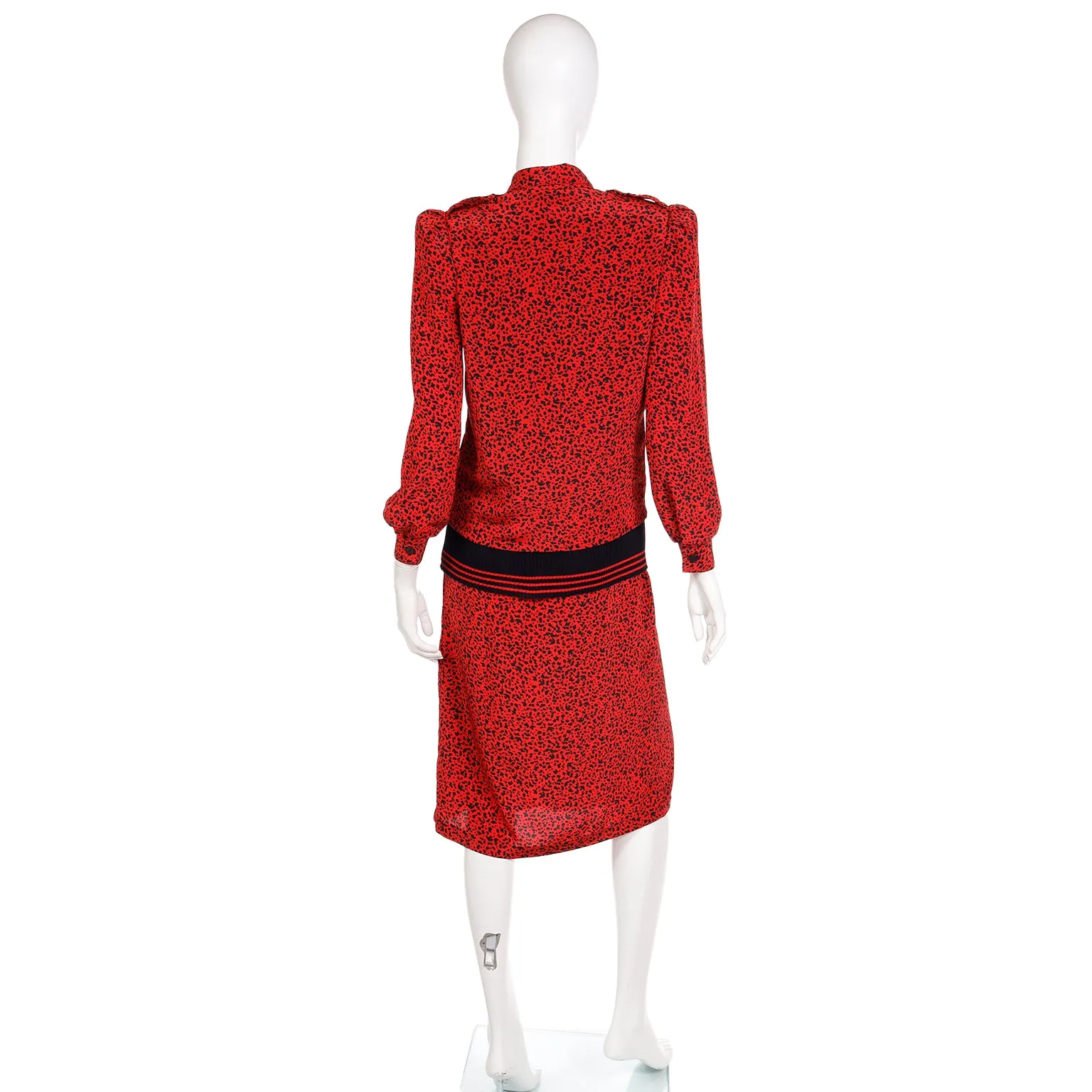1980s Vintage Red & Black Print Silk Drop Waist Dress w Ribbed Knit Trim