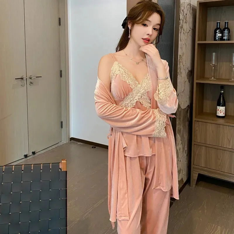 3-Piece Women's Winter Velour Pajama Set - Lace Trim Bathrobe, Top & Pants