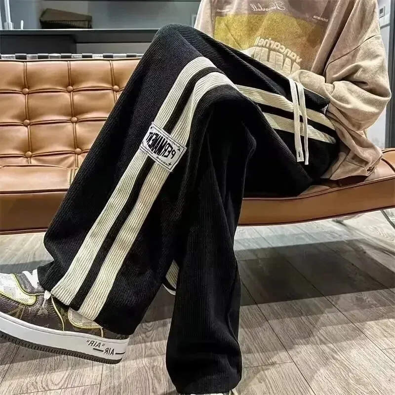 Aidase Spring Autumn Men Corduroy Pants American Retro Casual Long Pants Straight Crotch Loose Style Trendy Wide Leg Pants