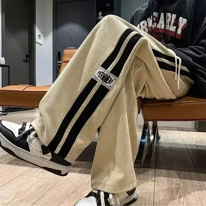 Aidase Spring Autumn Men Corduroy Pants American Retro Casual Long Pants Straight Crotch Loose Style Trendy Wide Leg Pants