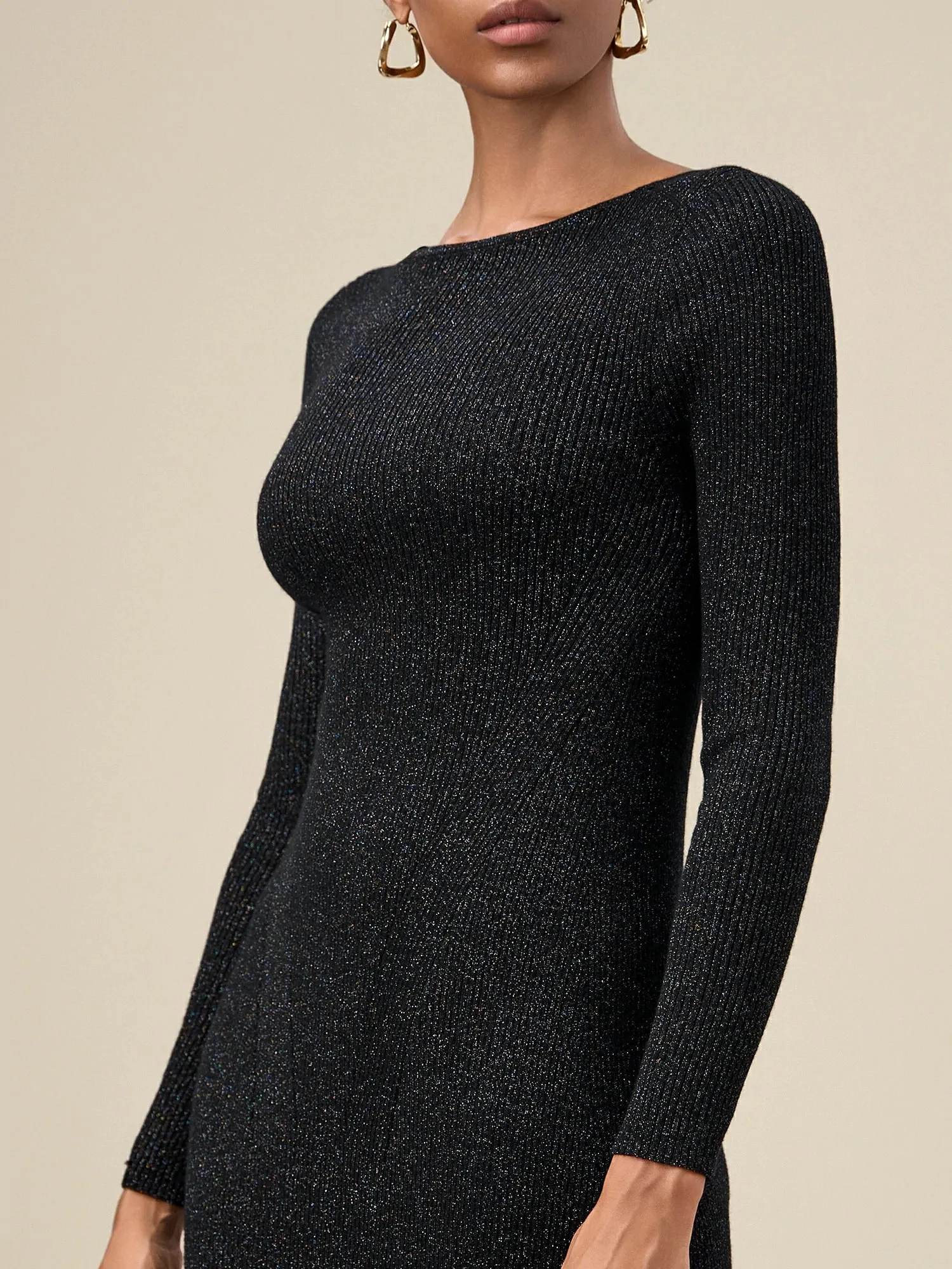 Amoretu Wool Gold Silver Yarn Long Sleeve Knit Dress