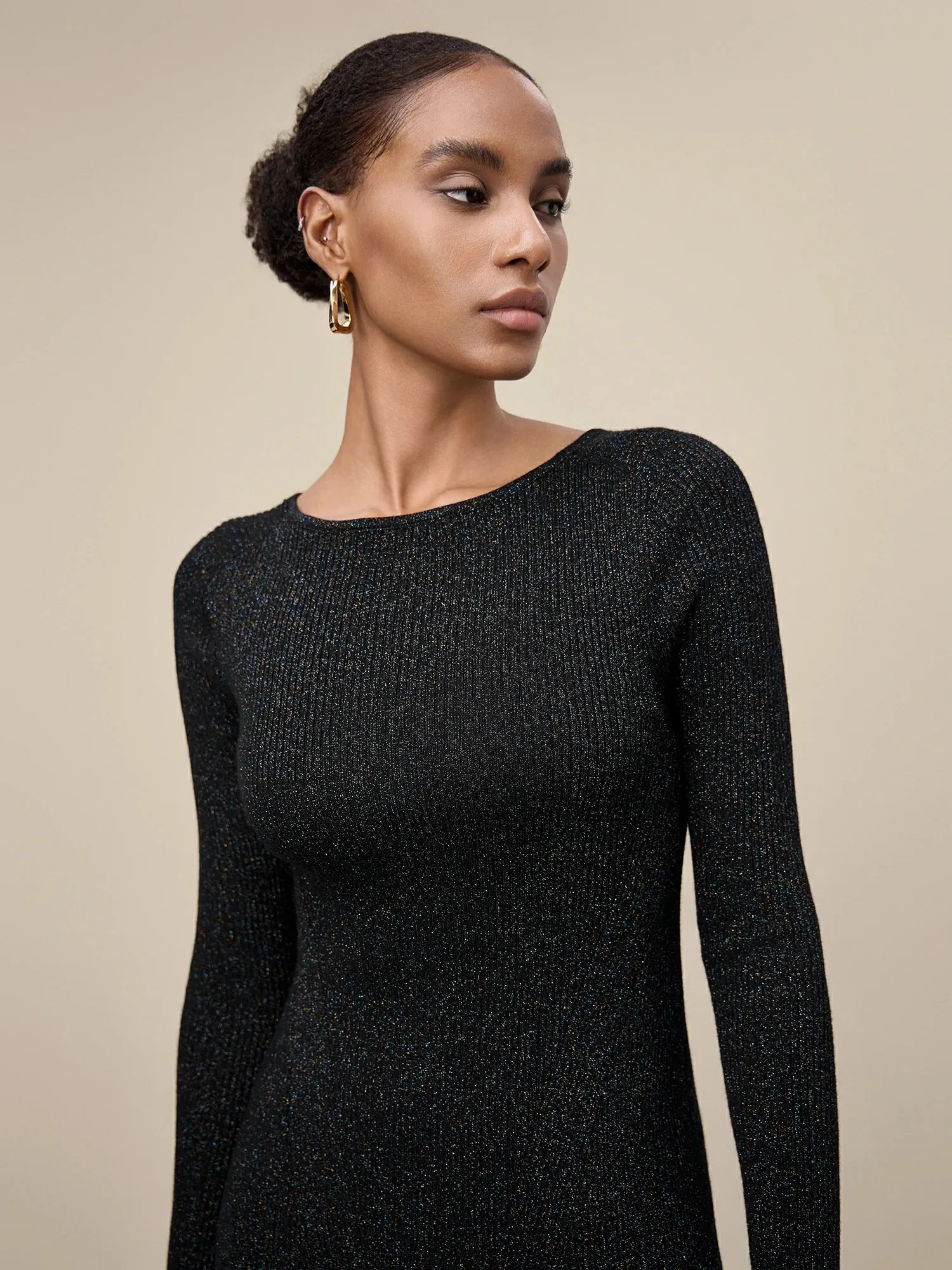 Amoretu Wool Gold Silver Yarn Long Sleeve Knit Dress