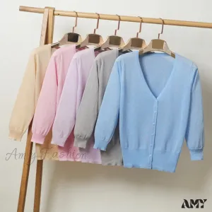 Amy Fashion - Knitted  3/4 Sleeve V-Neck Solid Casual Woman Cardigan Sweater