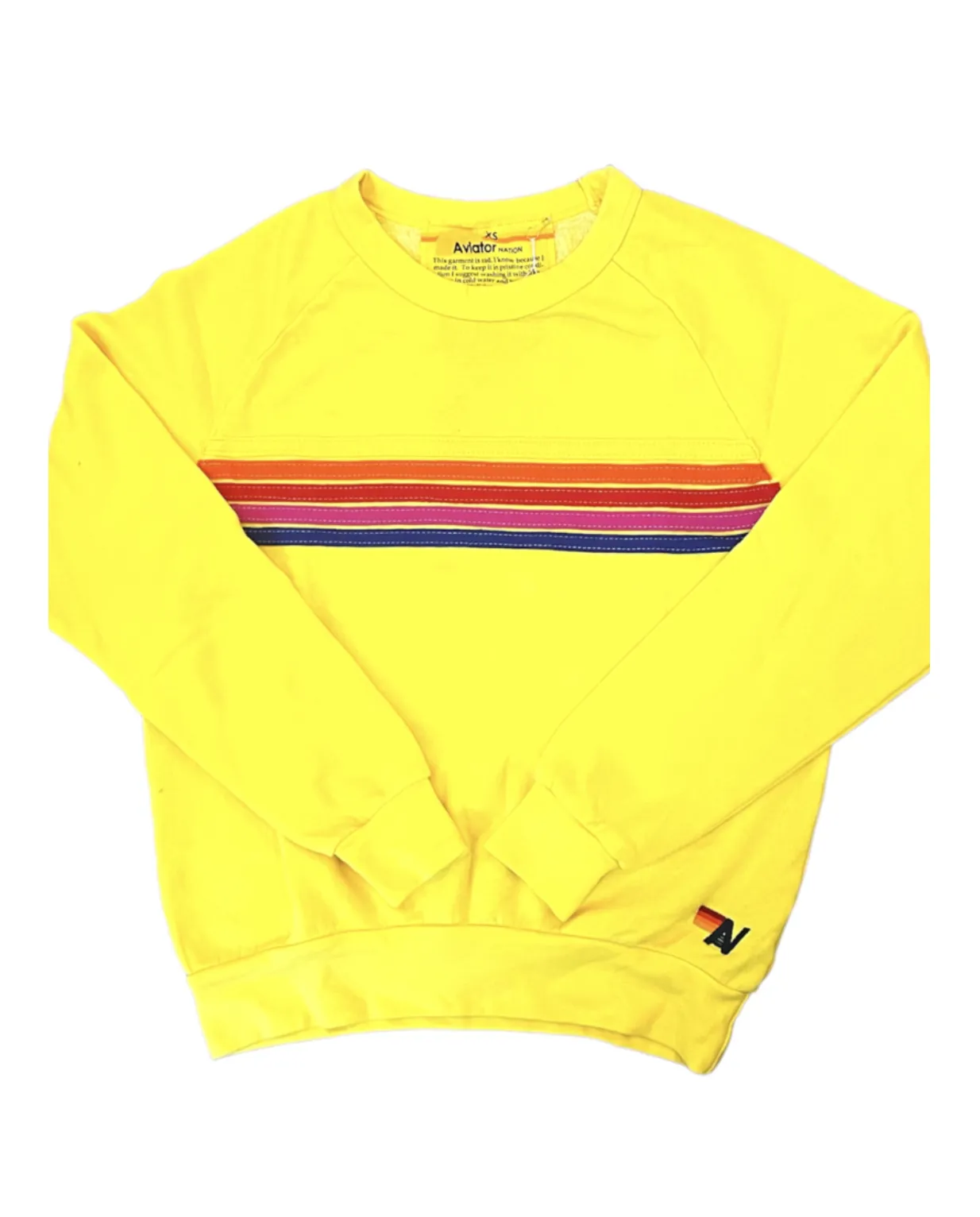 AVIATOR NATION UNISEX 5 STRIPE UNISEX CREW SWEATSHIRT LEMON/YELLOW PURPLE