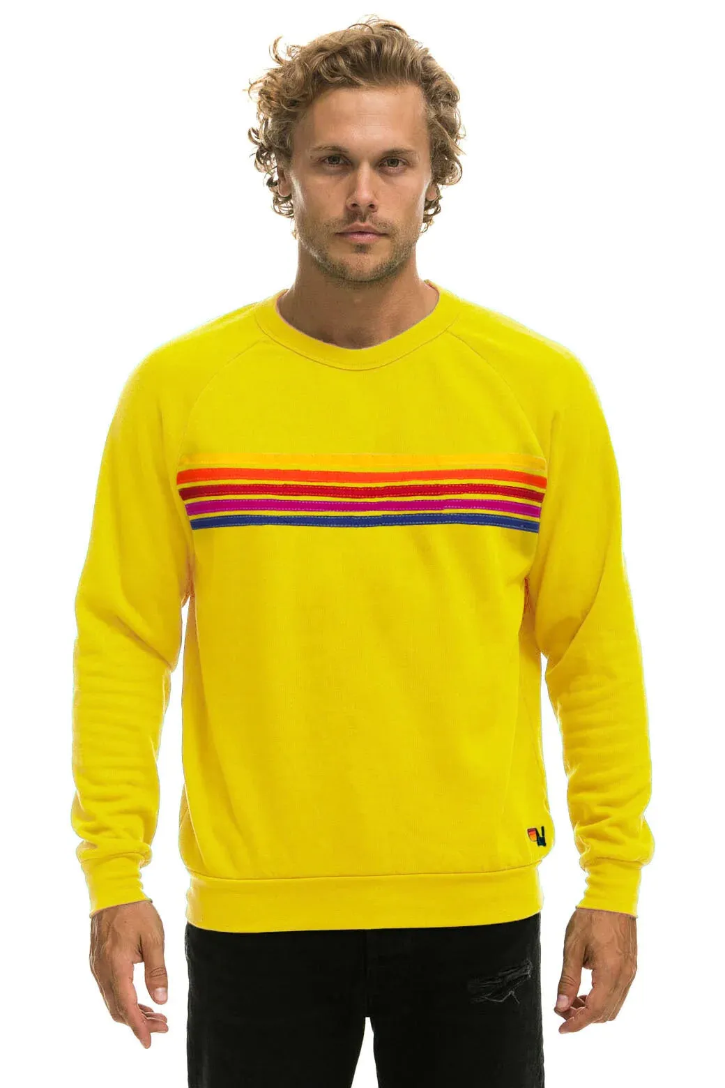 AVIATOR NATION UNISEX 5 STRIPE UNISEX CREW SWEATSHIRT LEMON/YELLOW PURPLE