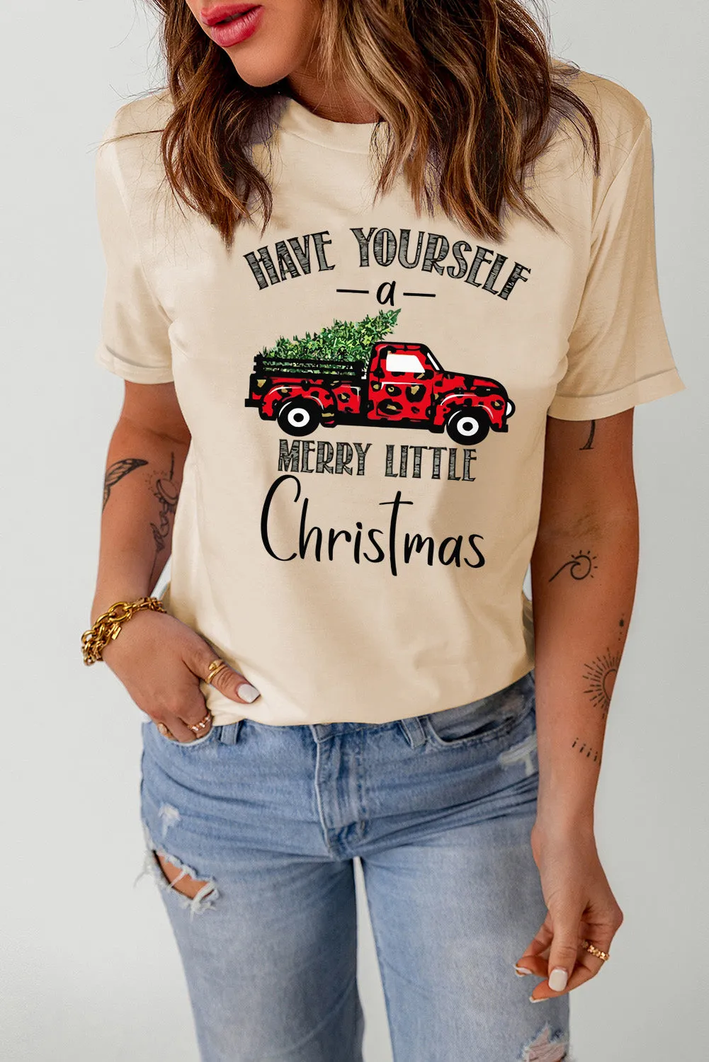Beige Christmas Leopard Print Graphic Top