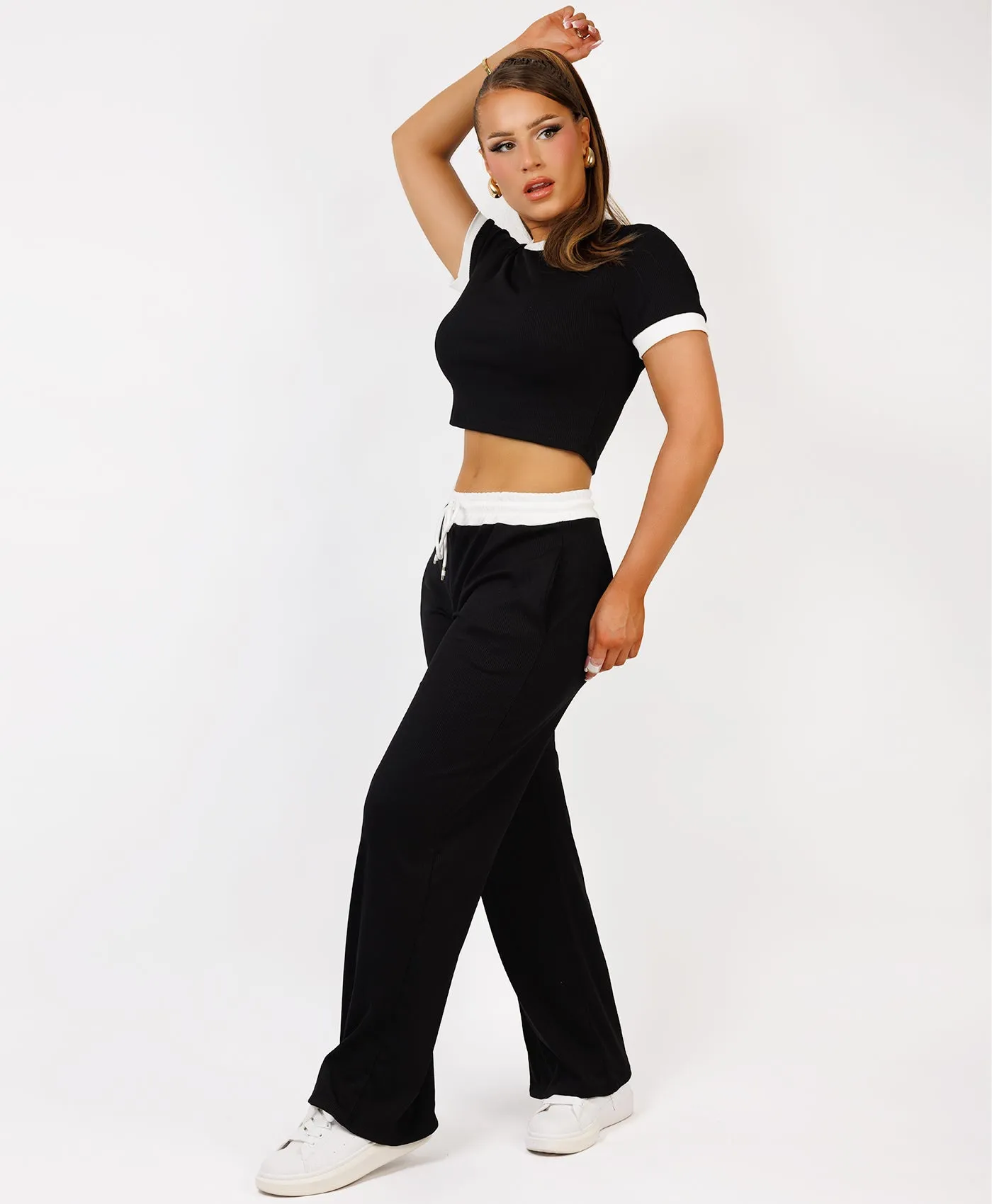 Black Wide Leg Trousers and Ribbed Top Loungewear Set