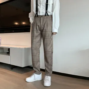 Bonsir 90s fashion men Autumn Ins Fashion Brand Straight Casual Trousers Men's Retro Workwear Suspender Pants Detachable Korean Plaid Suspender Pants