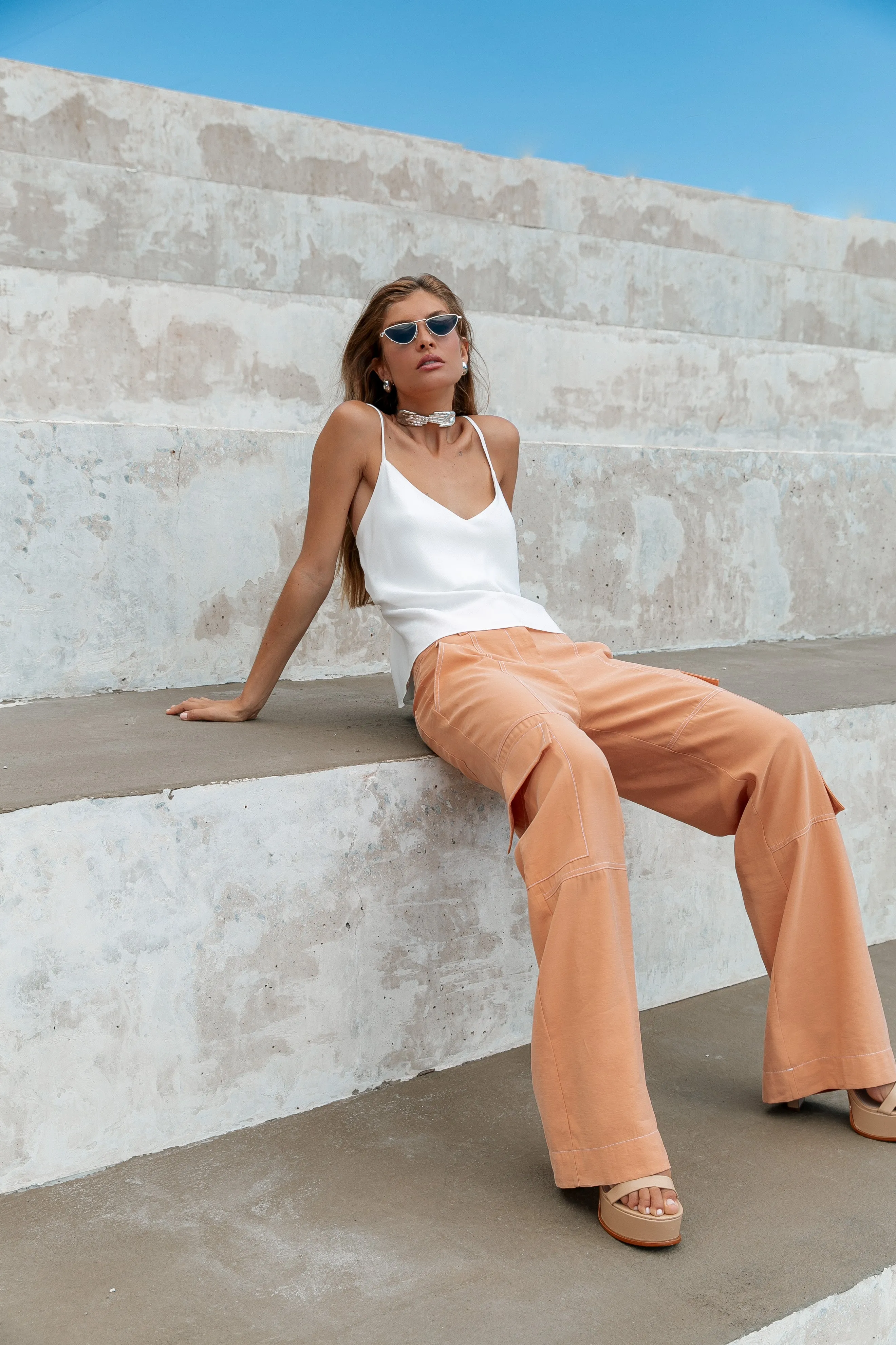 Brazilian Cargo Pants with Straight, Wide-Leg Cut and Topstitching Detail