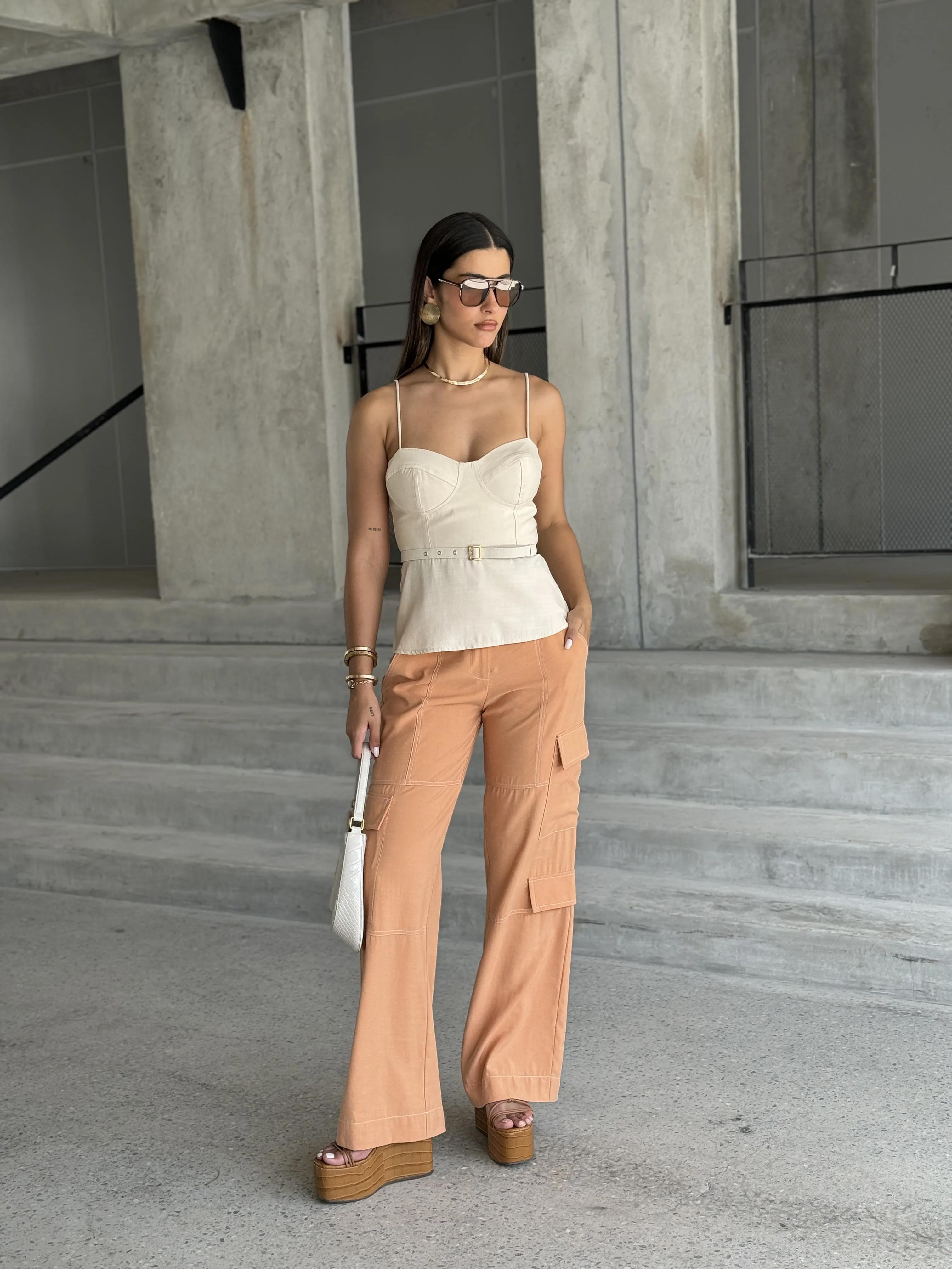 Brazilian Cargo Pants with Straight, Wide-Leg Cut and Topstitching Detail