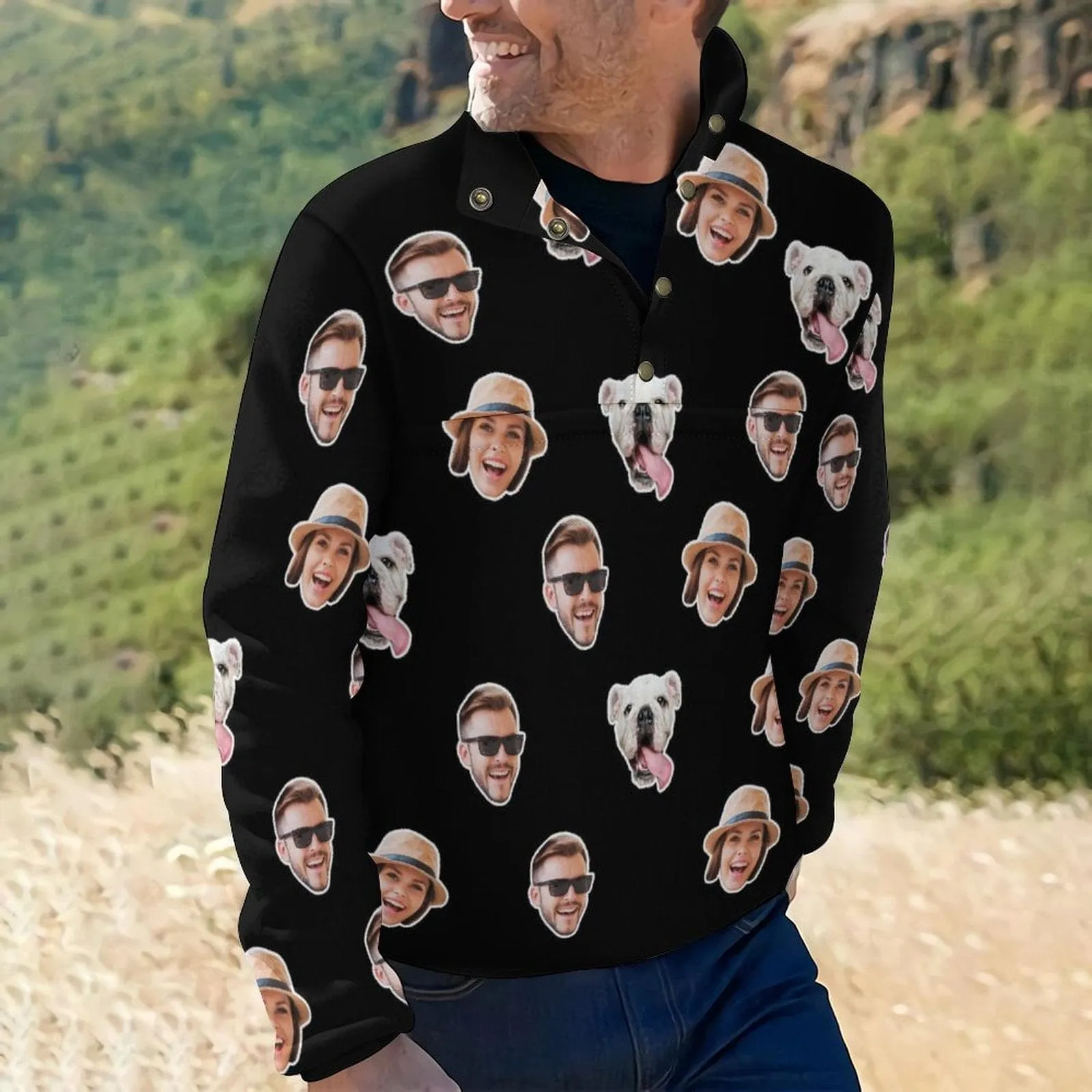 Custom Faces Black Background Loose Sweatshirts Personalized Men's Stand Collar Sweatshirts