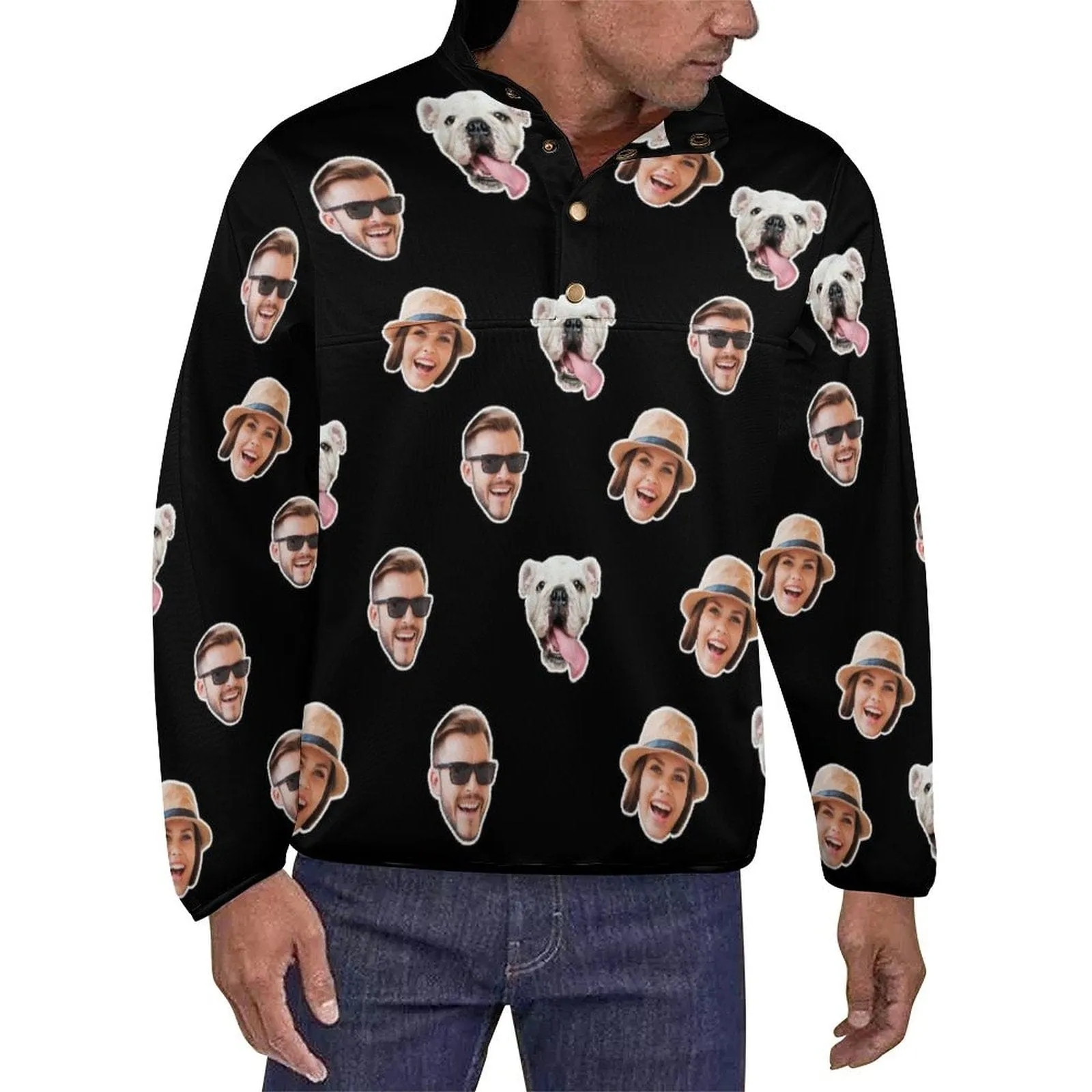 Custom Faces Black Background Loose Sweatshirts Personalized Men's Stand Collar Sweatshirts