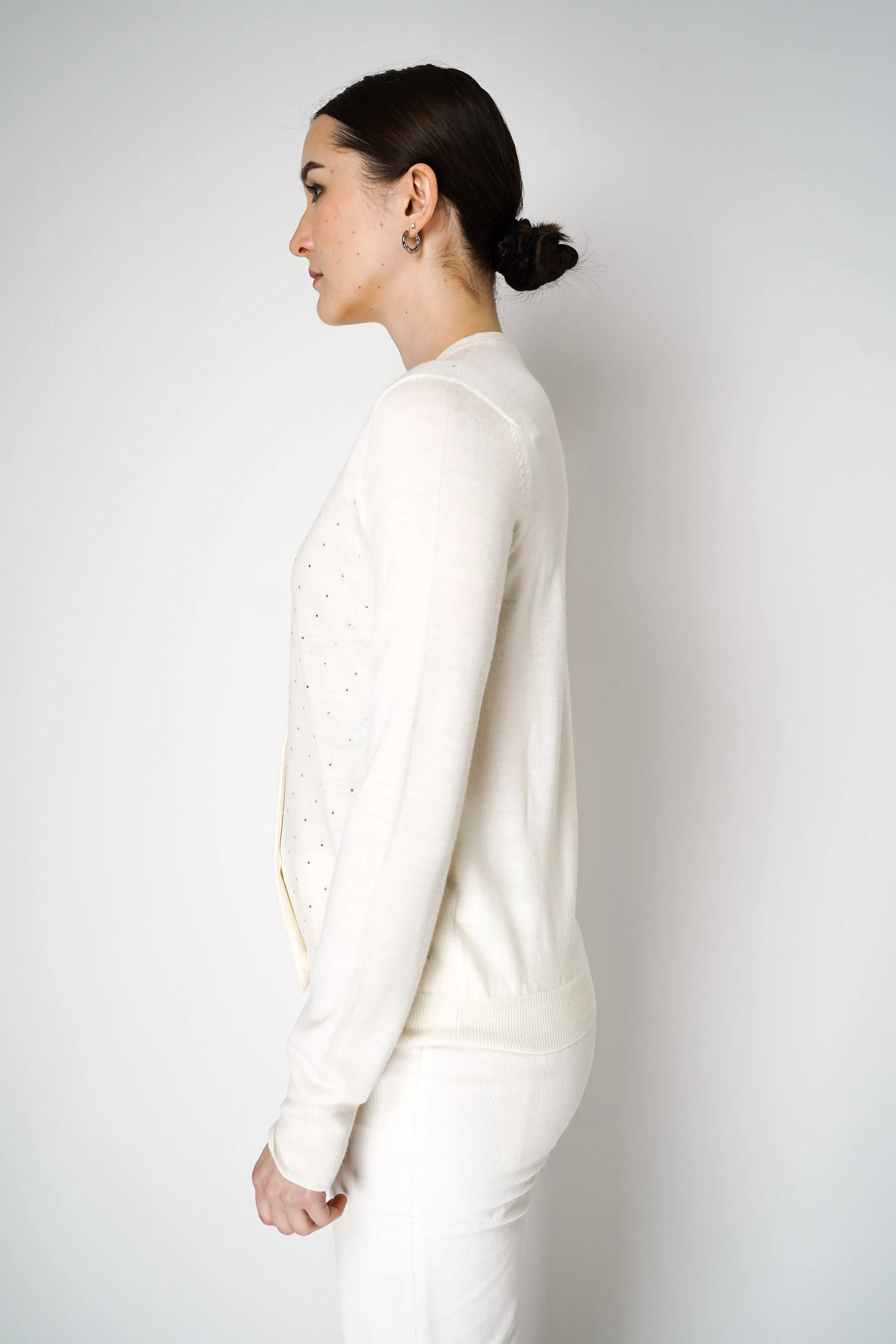 Fabiana Filippi Merino Wool Knitted Cardigan with Rhinestone Details in Off-White