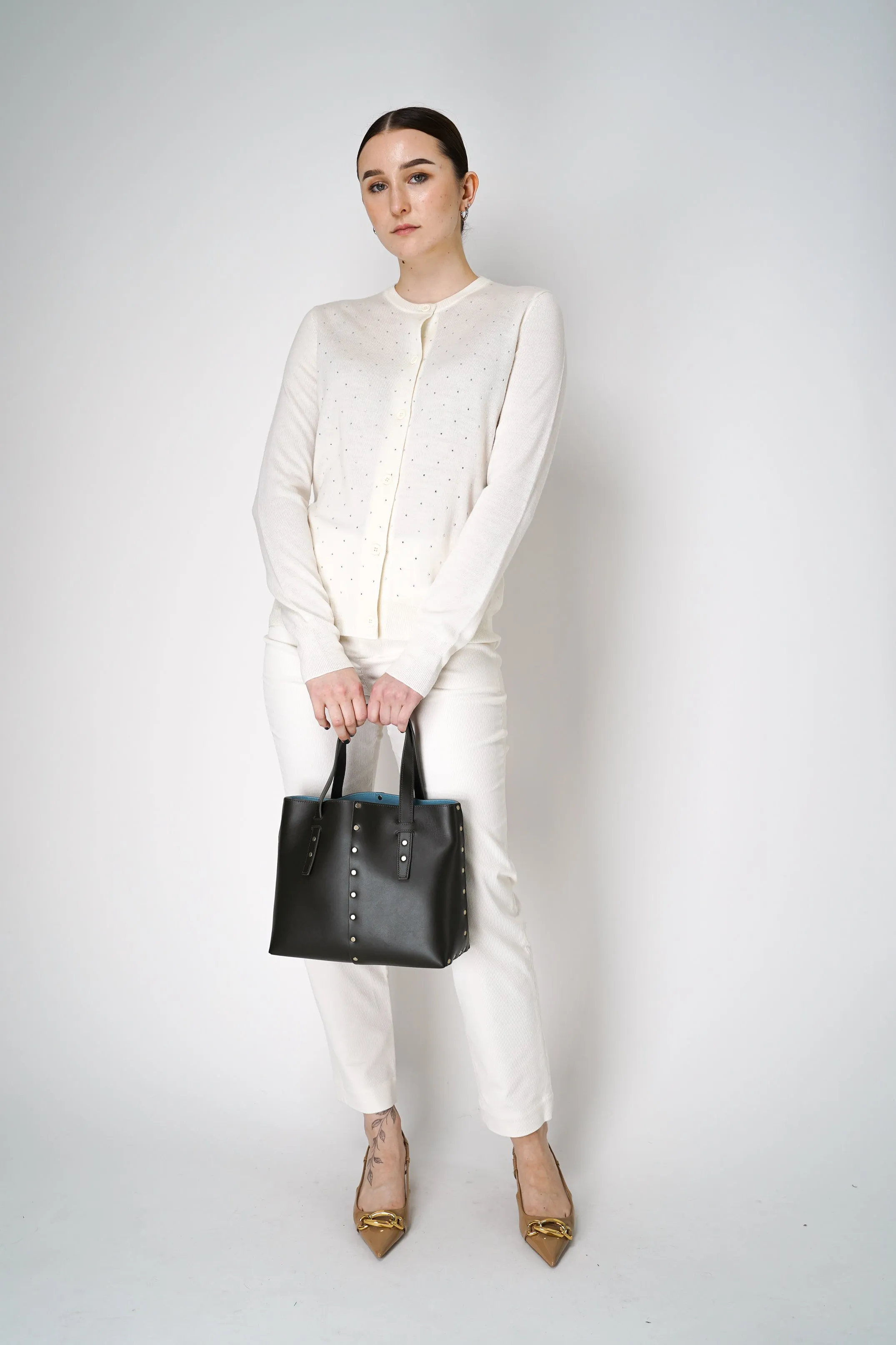 Fabiana Filippi Merino Wool Knitted Cardigan with Rhinestone Details in Off-White