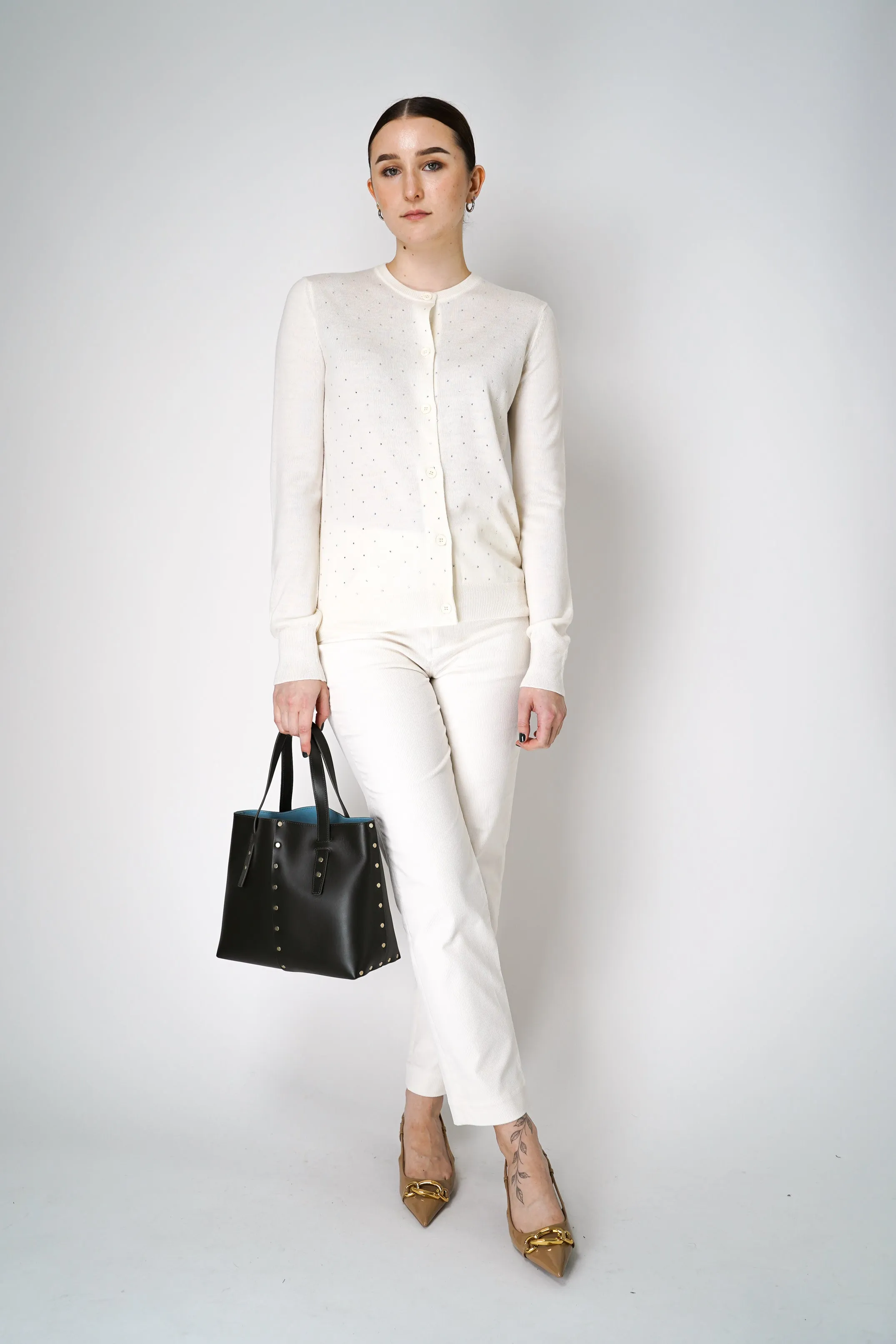 Fabiana Filippi Merino Wool Knitted Cardigan with Rhinestone Details in Off-White