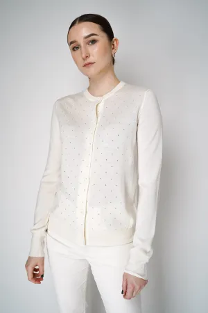Fabiana Filippi Merino Wool Knitted Cardigan with Rhinestone Details in Off-White