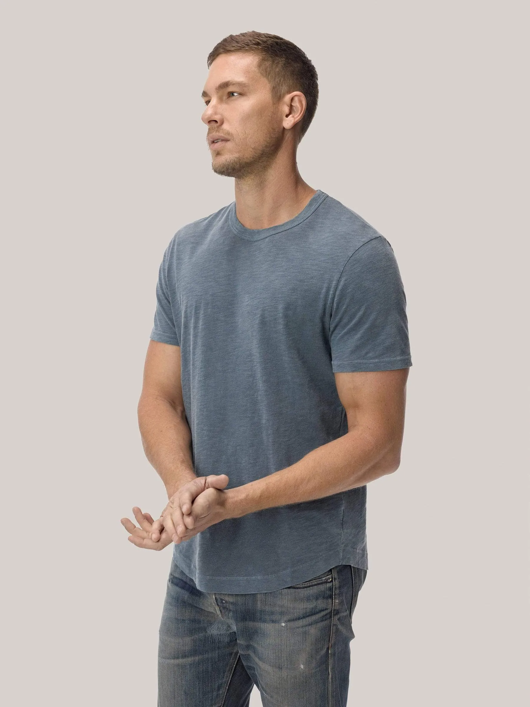 Faded Blue Venice Wash  Slub Curved Hem Tee