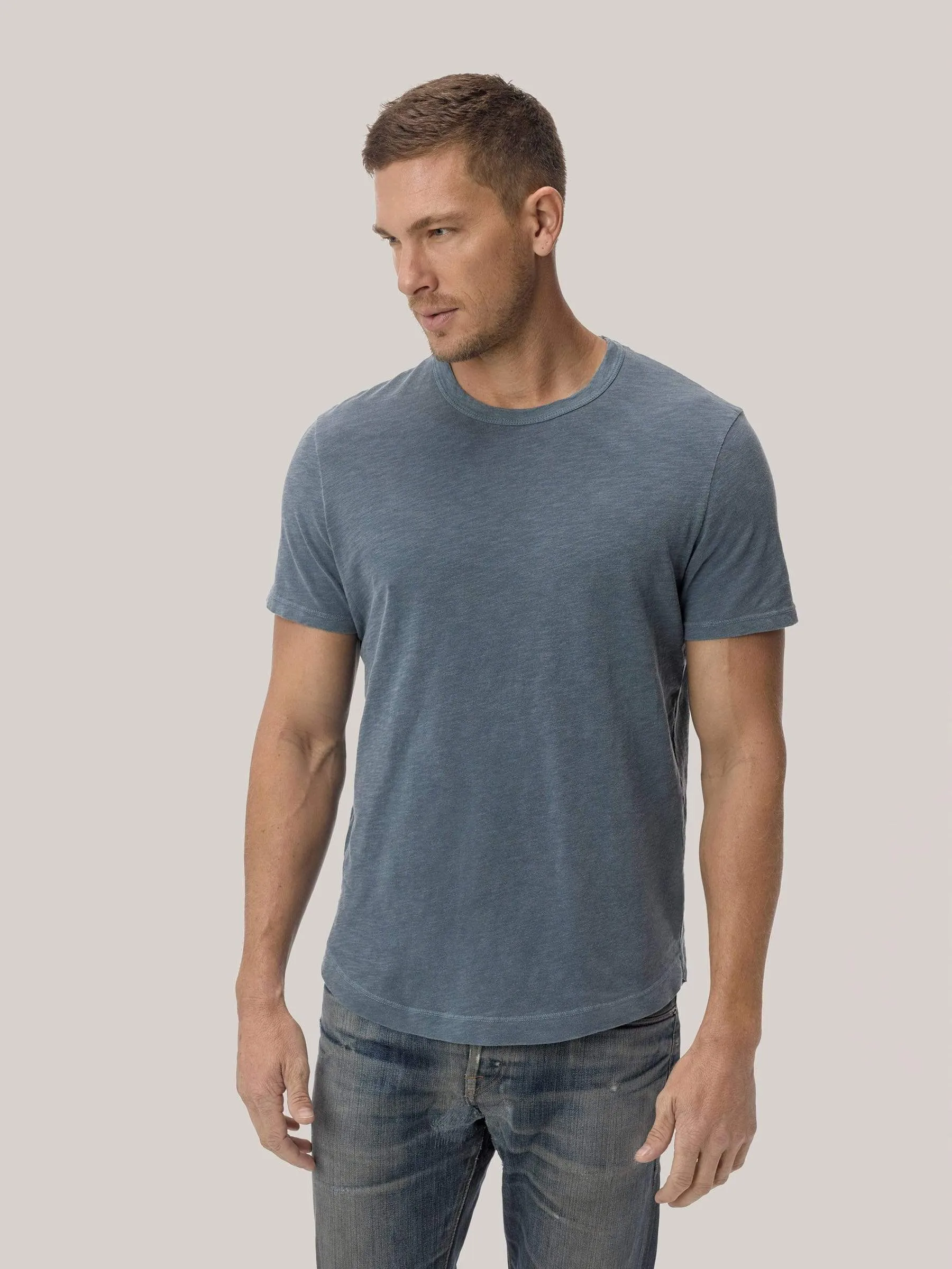Faded Blue Venice Wash  Slub Curved Hem Tee