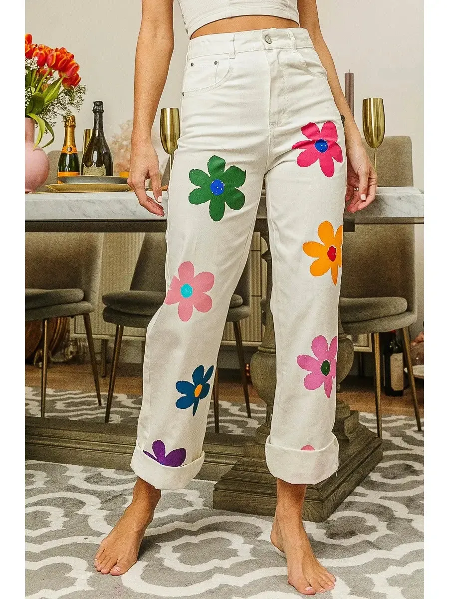 Flower Power Print Straight Leg Pants