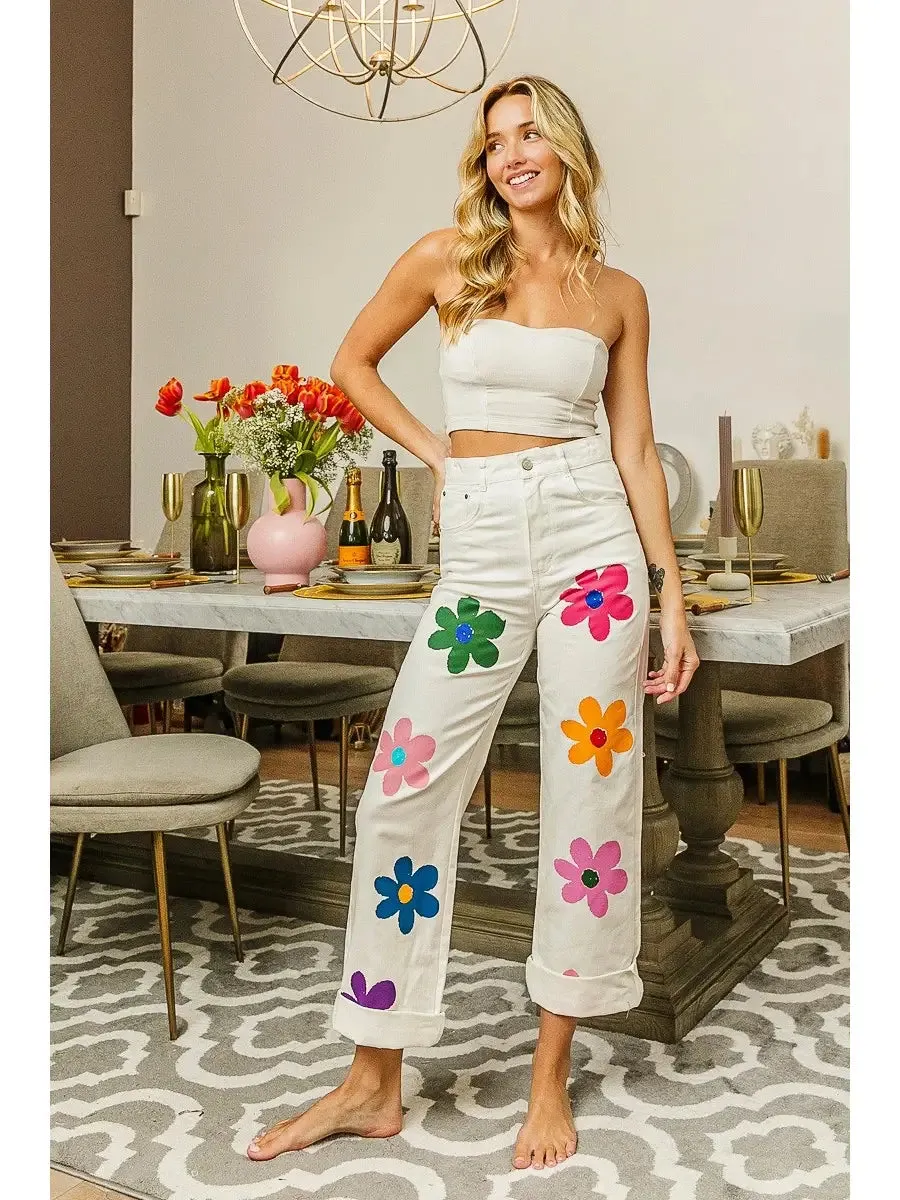 Flower Power Print Straight Leg Pants