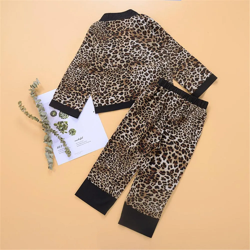Girls Button Cardigan Leopard Long  Sleeve Top & Trousers Girls Wholesale