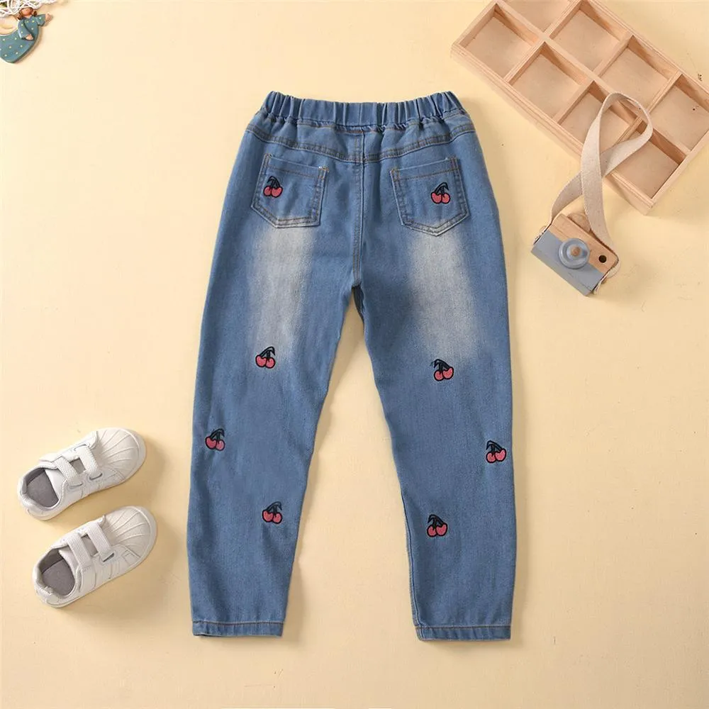 Girls Cherry Fruit Embroidery Denim Trousers Wholesale