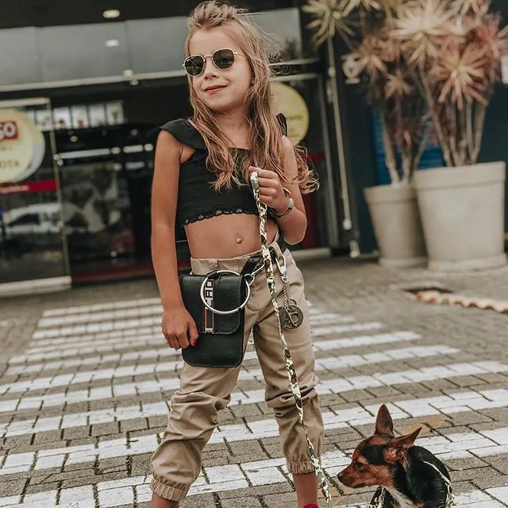 Girls Lace Flying Sleeve Solid Color Top & Trousers Trendy Kids Wholesale clothes