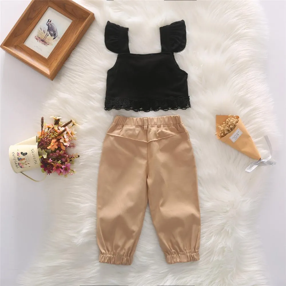 Girls Lace Flying Sleeve Solid Color Top & Trousers Trendy Kids Wholesale clothes