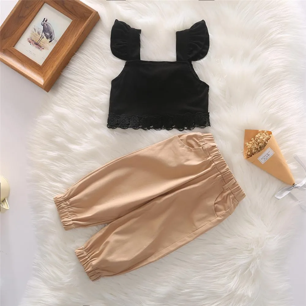 Girls Lace Flying Sleeve Solid Color Top & Trousers Trendy Kids Wholesale clothes