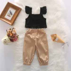 Girls Lace Flying Sleeve Solid Color Top & Trousers Trendy Kids Wholesale clothes