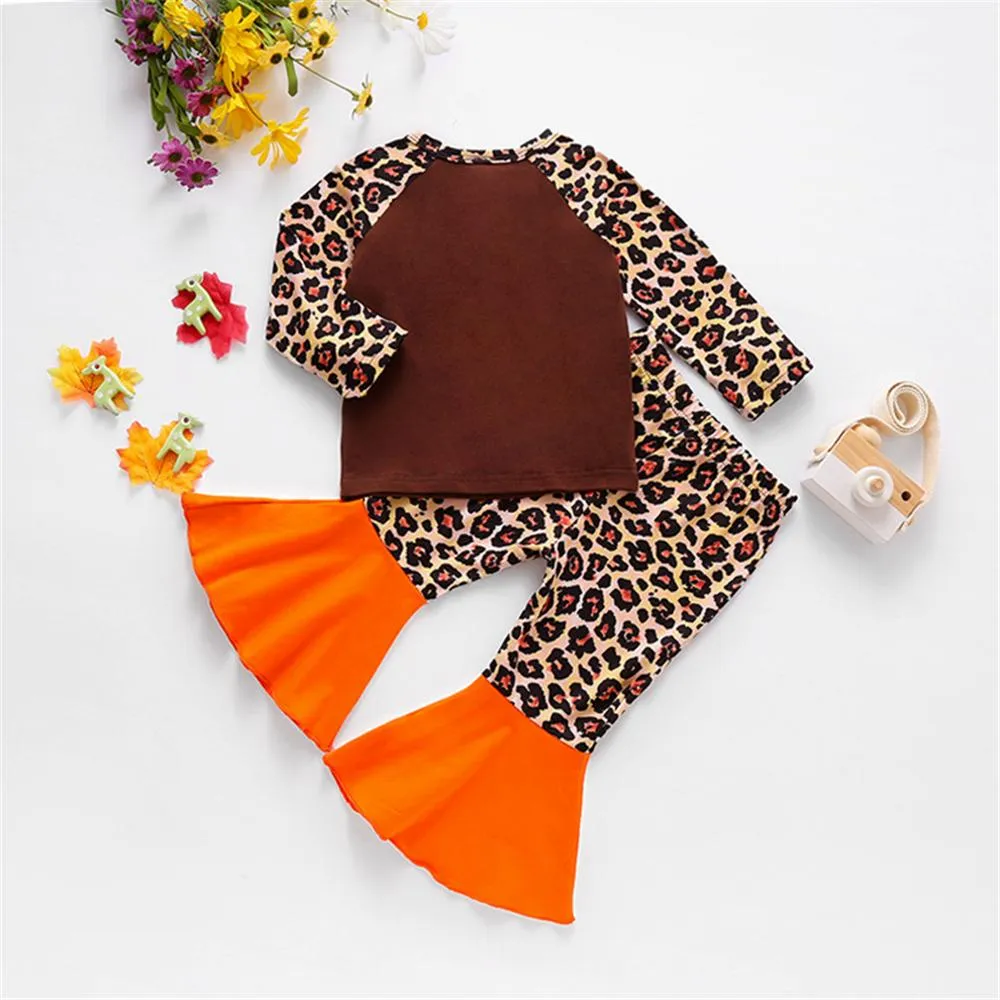 Girls Leopard Pumpkin Long Sleeve Top & Flared Trousers Girls Wholesale
