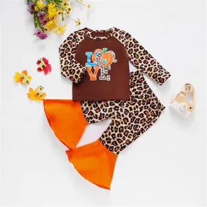 Girls Leopard Pumpkin Long Sleeve Top & Flared Trousers Girls Wholesale