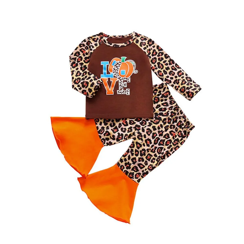Girls Leopard Pumpkin Long Sleeve Top & Flared Trousers Girls Wholesale