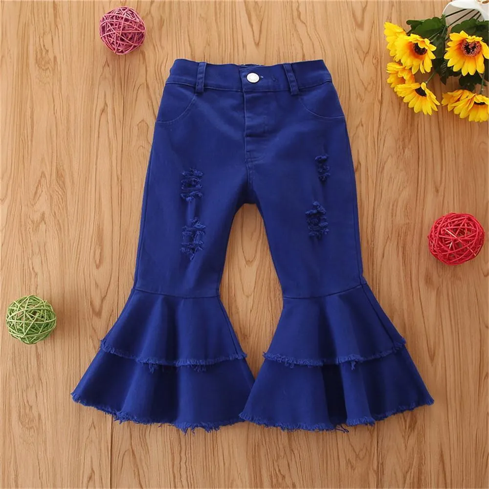 Girls Solid Wide Leg Ripped Bell Trousers Girls Clothing Wholesale