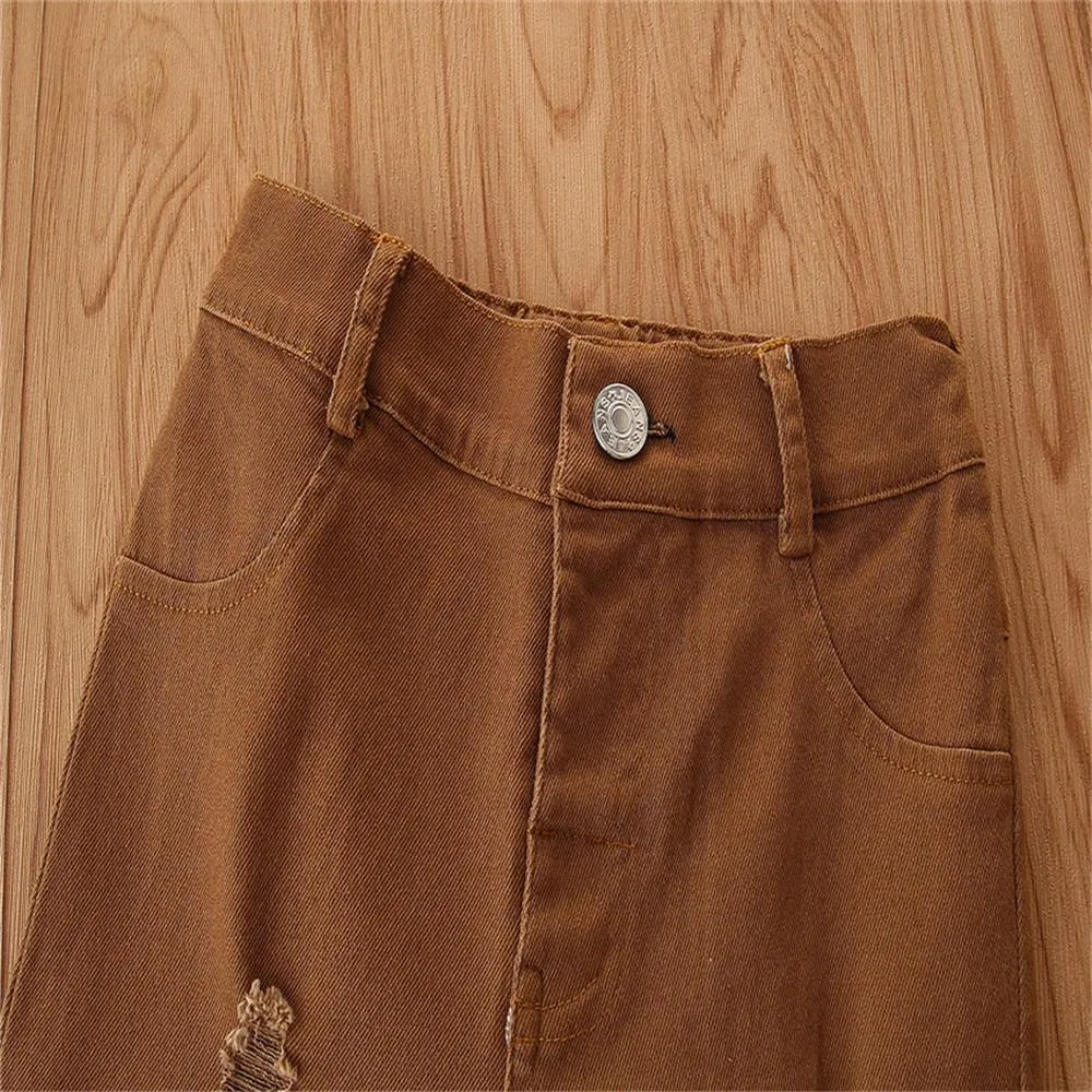 Girls Solid Wide Leg Ripped Bell Trousers Girls Clothing Wholesale
