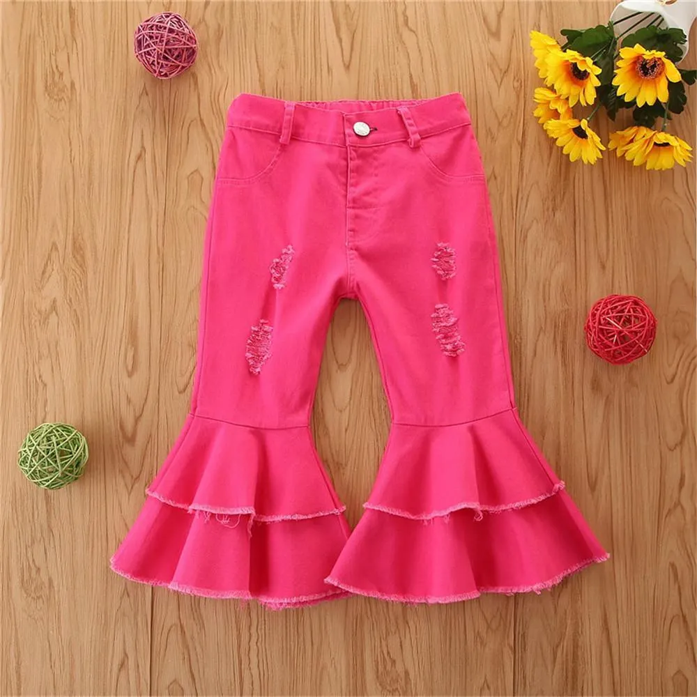 Girls Solid Wide Leg Ripped Bell Trousers Girls Clothing Wholesale