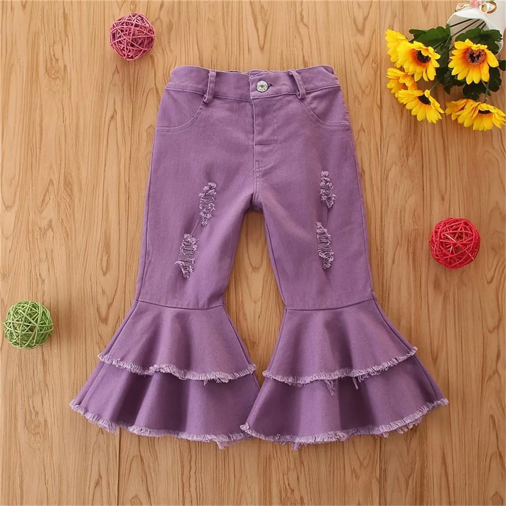Girls Solid Wide Leg Ripped Bell Trousers Girls Clothing Wholesale