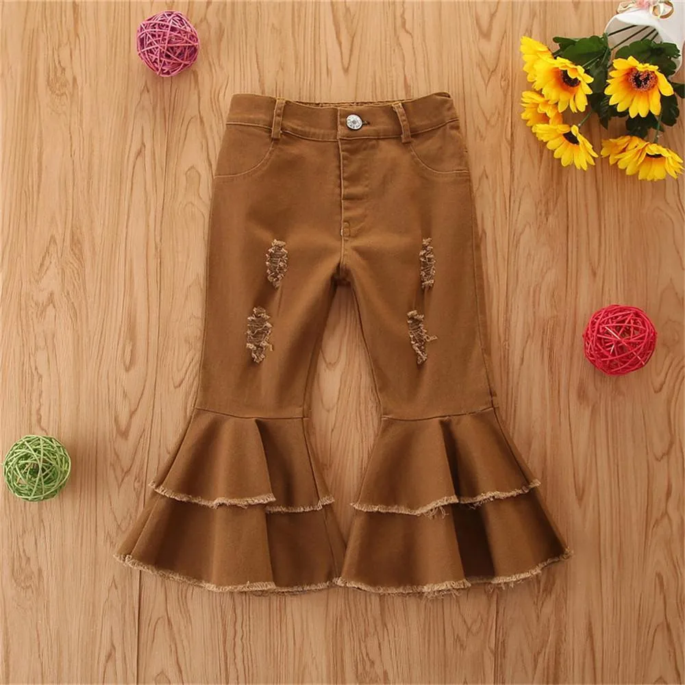 Girls Solid Wide Leg Ripped Bell Trousers Girls Clothing Wholesale