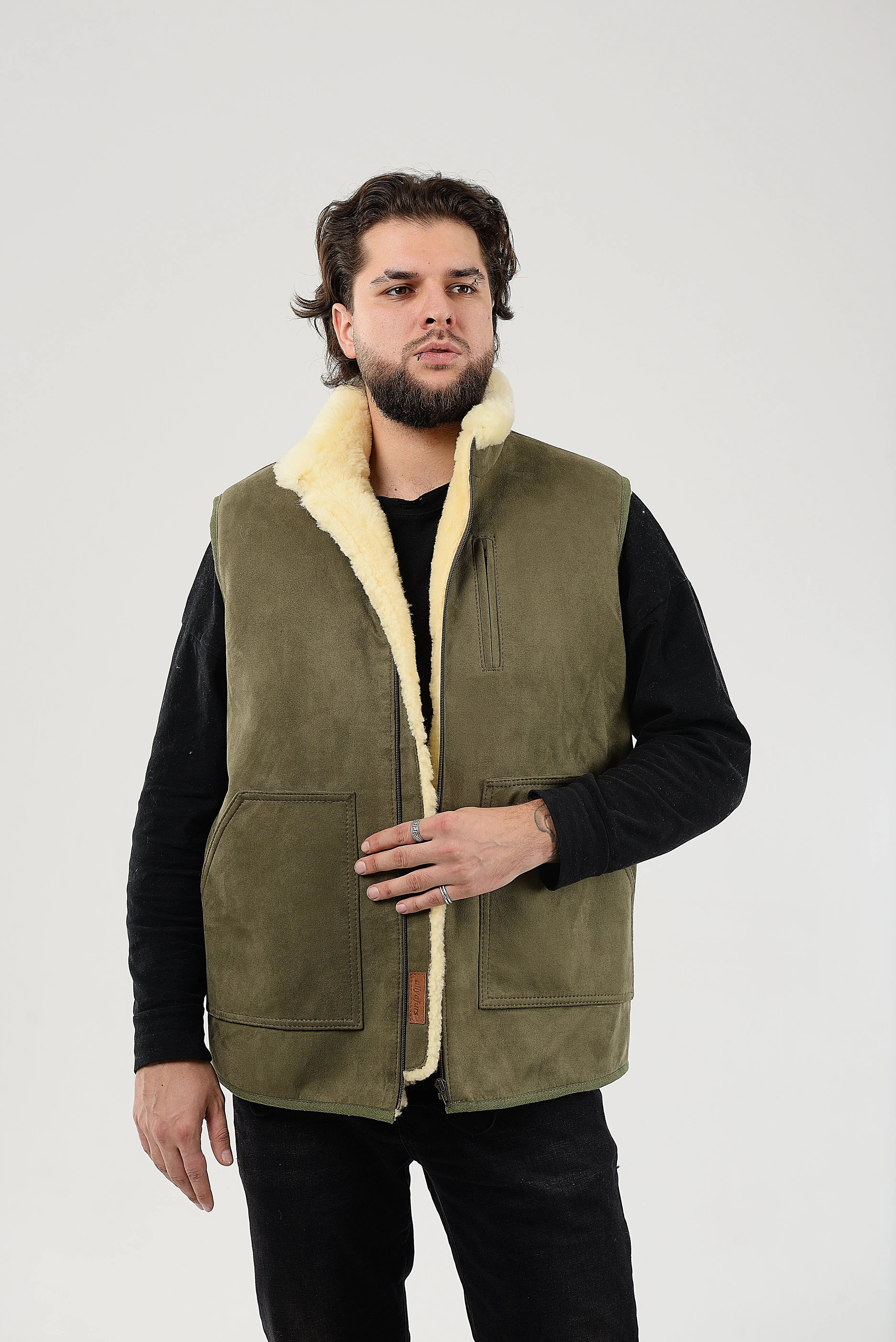 Green Sheepskin Vest with Patch Pocket Medical Sheepskin Hypoallergenic