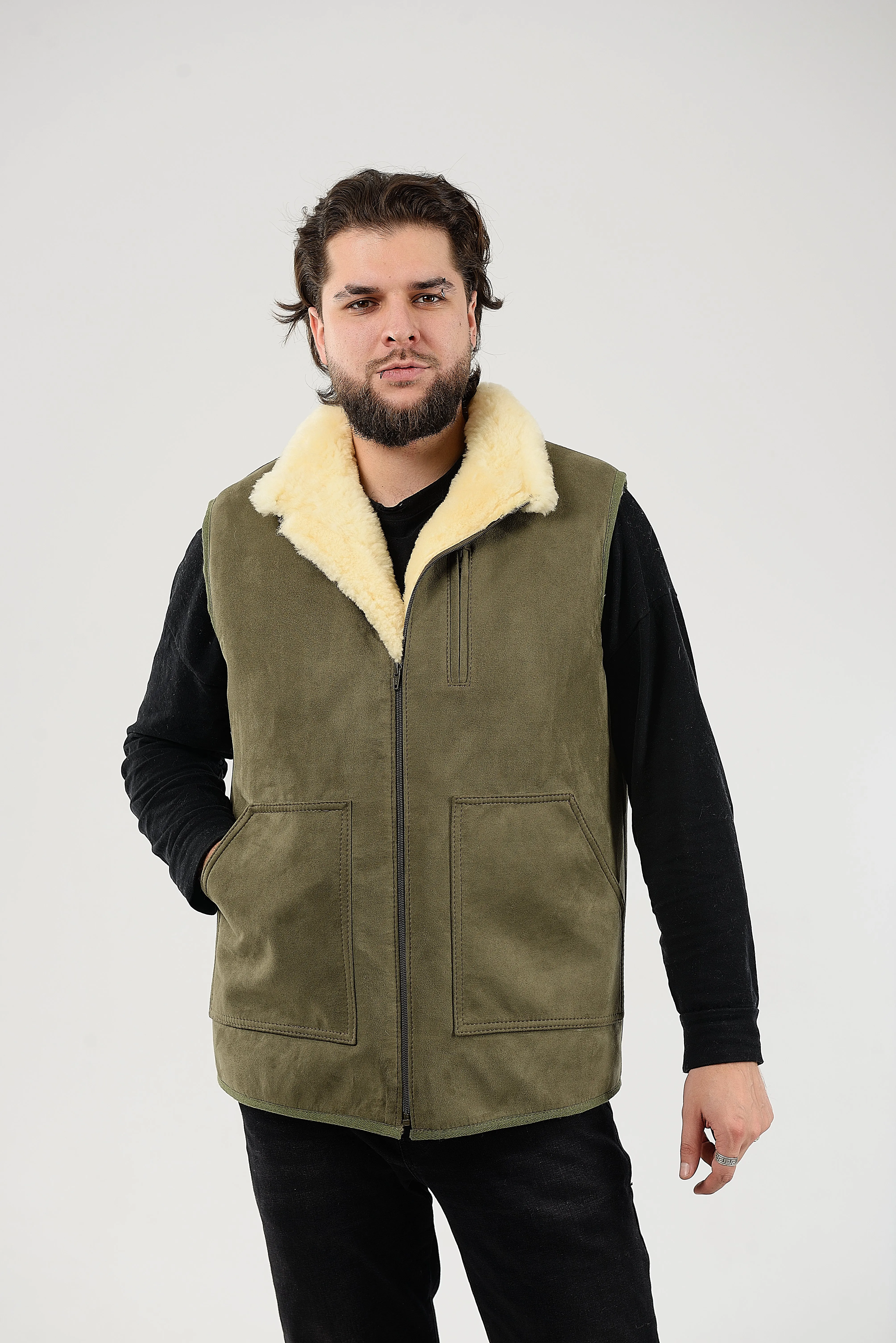 Green Sheepskin Vest with Patch Pocket Medical Sheepskin Hypoallergenic