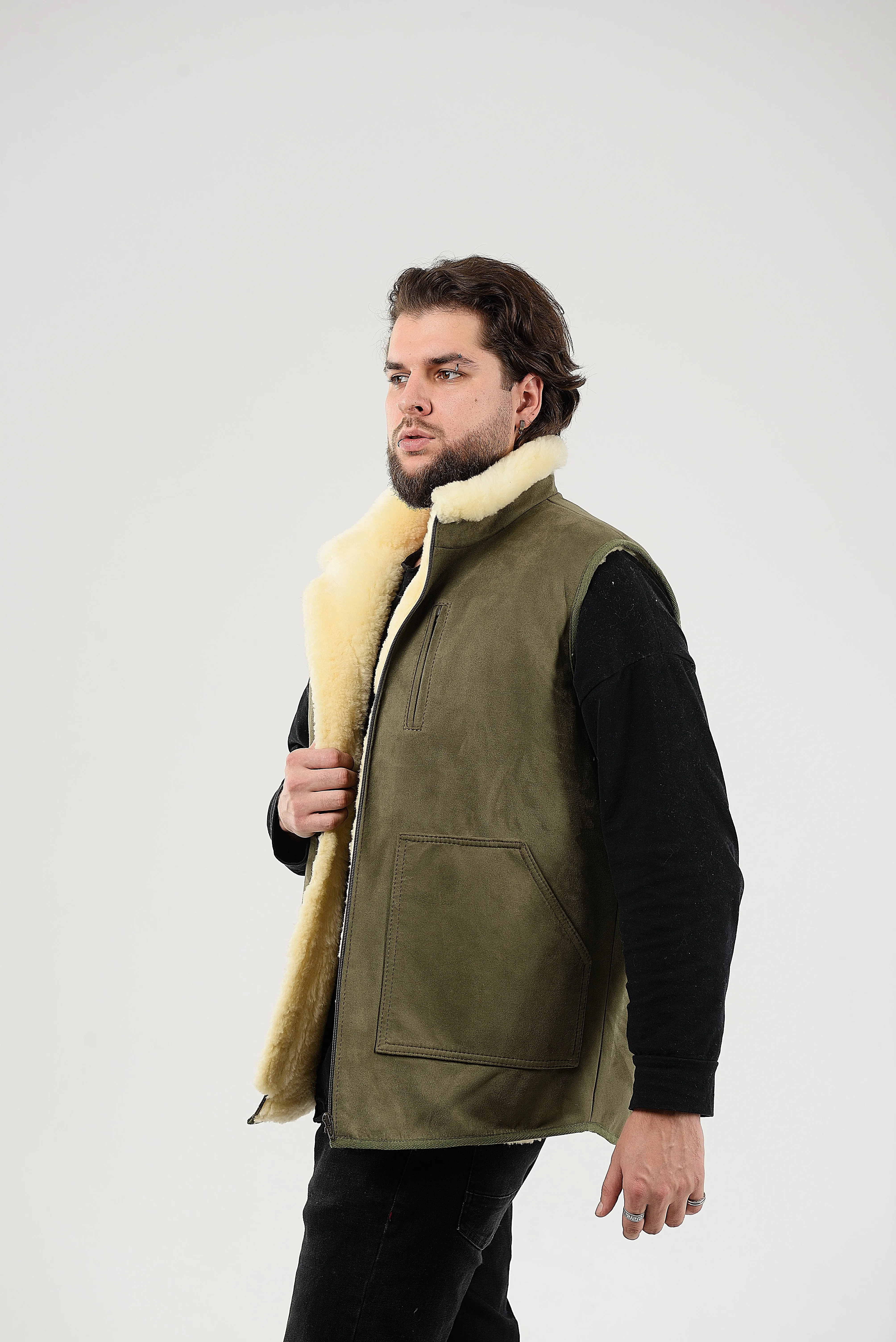 Green Sheepskin Vest with Patch Pocket Medical Sheepskin Hypoallergenic