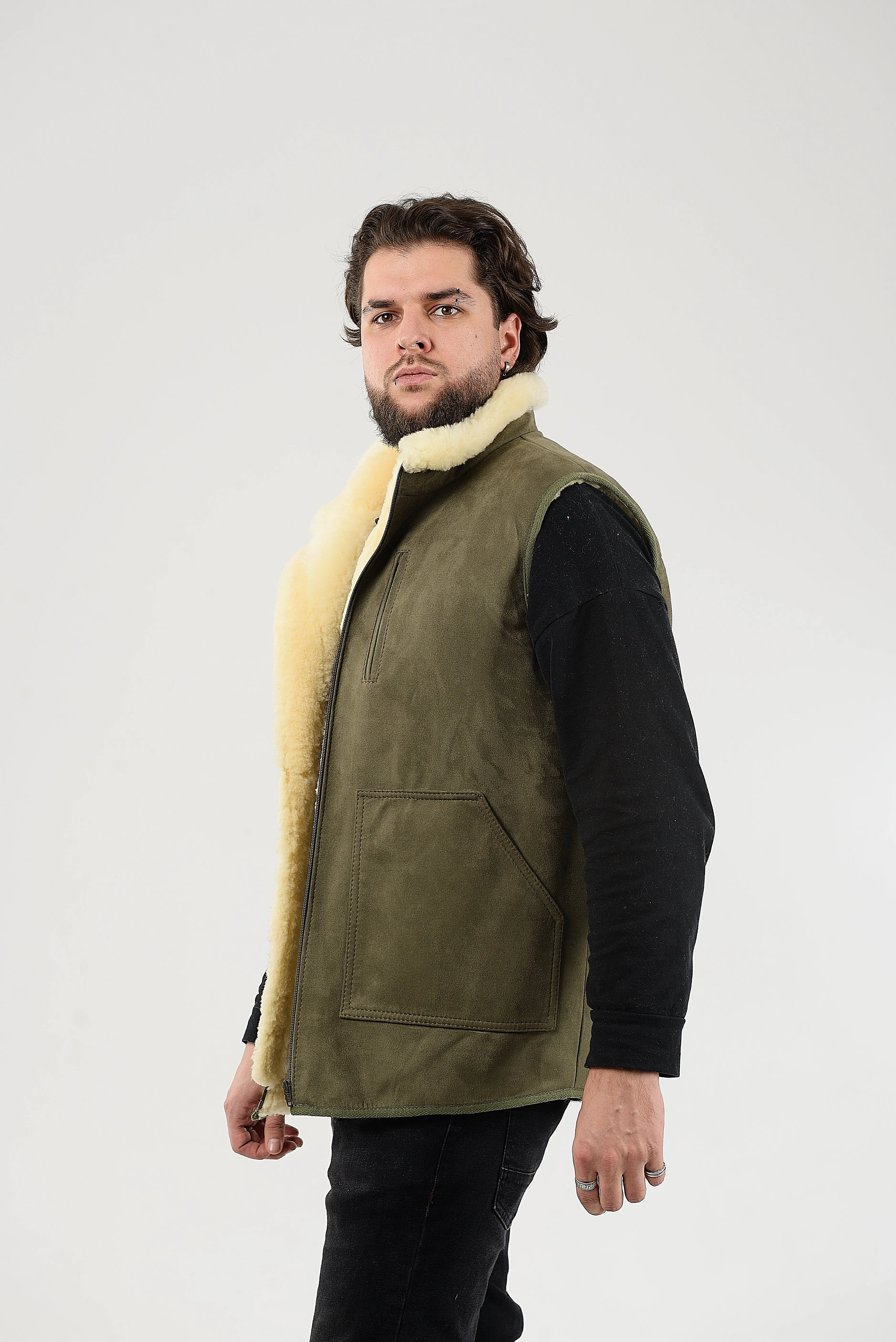 Green Sheepskin Vest with Patch Pocket Medical Sheepskin Hypoallergenic