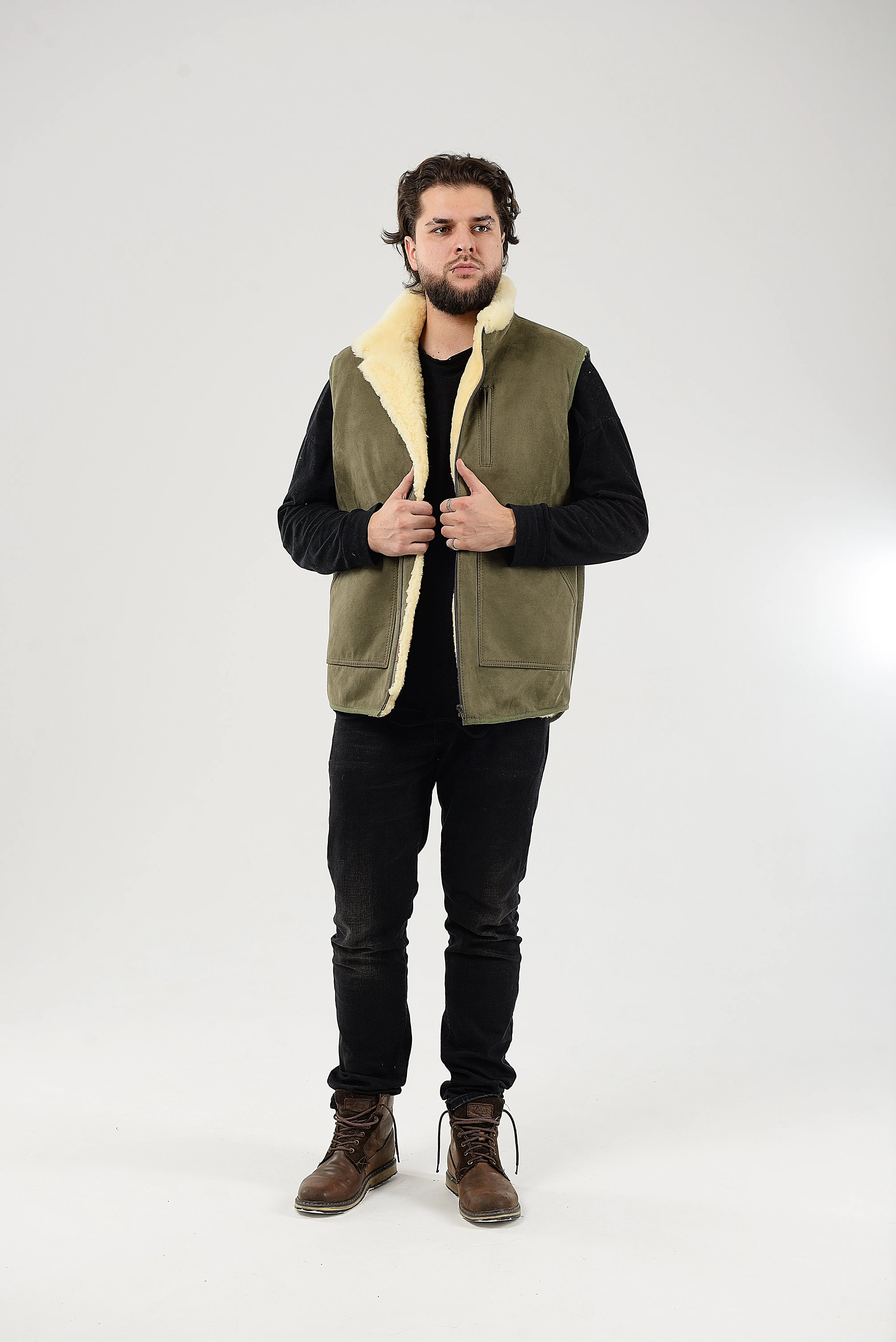 Green Sheepskin Vest with Patch Pocket Medical Sheepskin Hypoallergenic