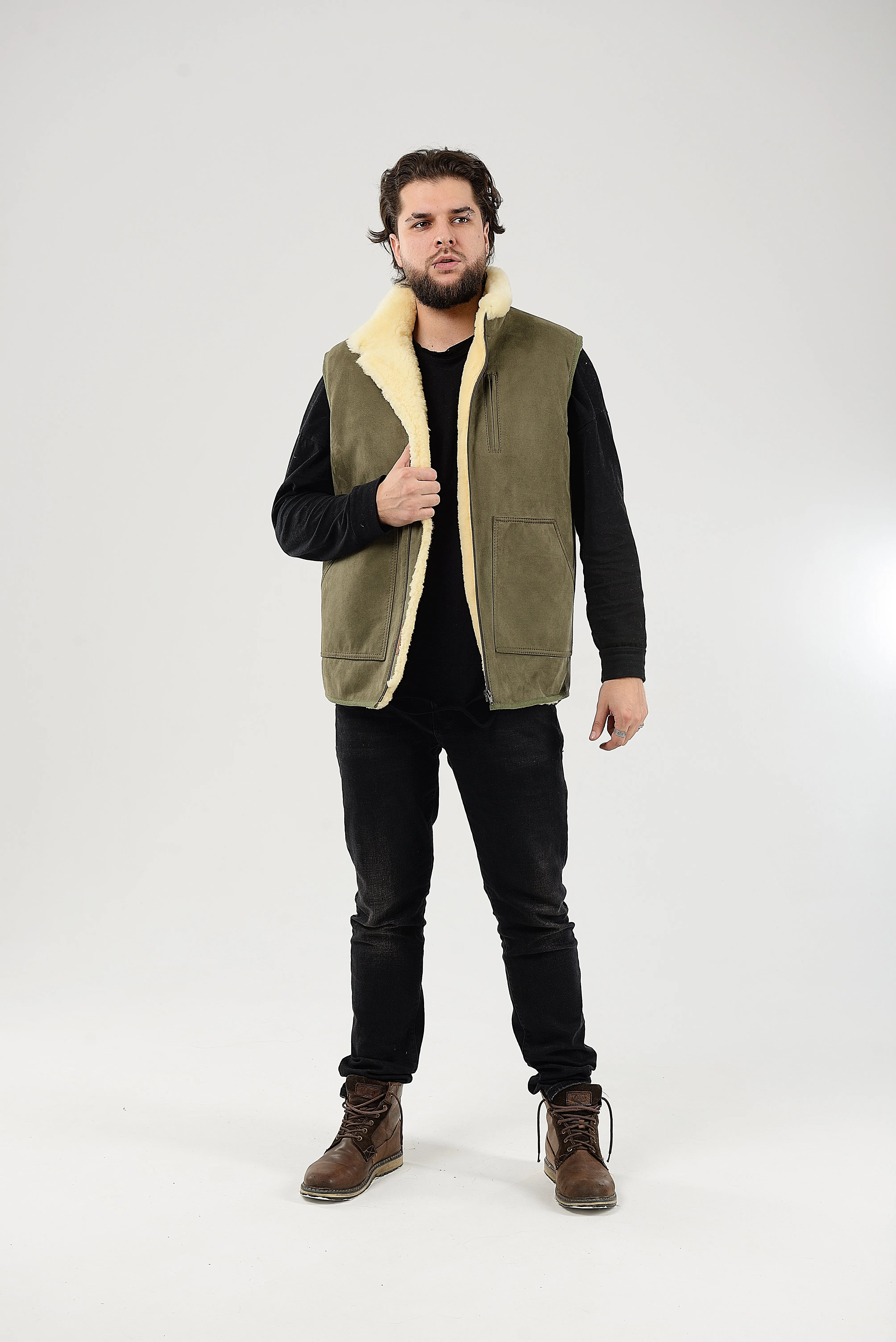 Green Sheepskin Vest with Patch Pocket Medical Sheepskin Hypoallergenic