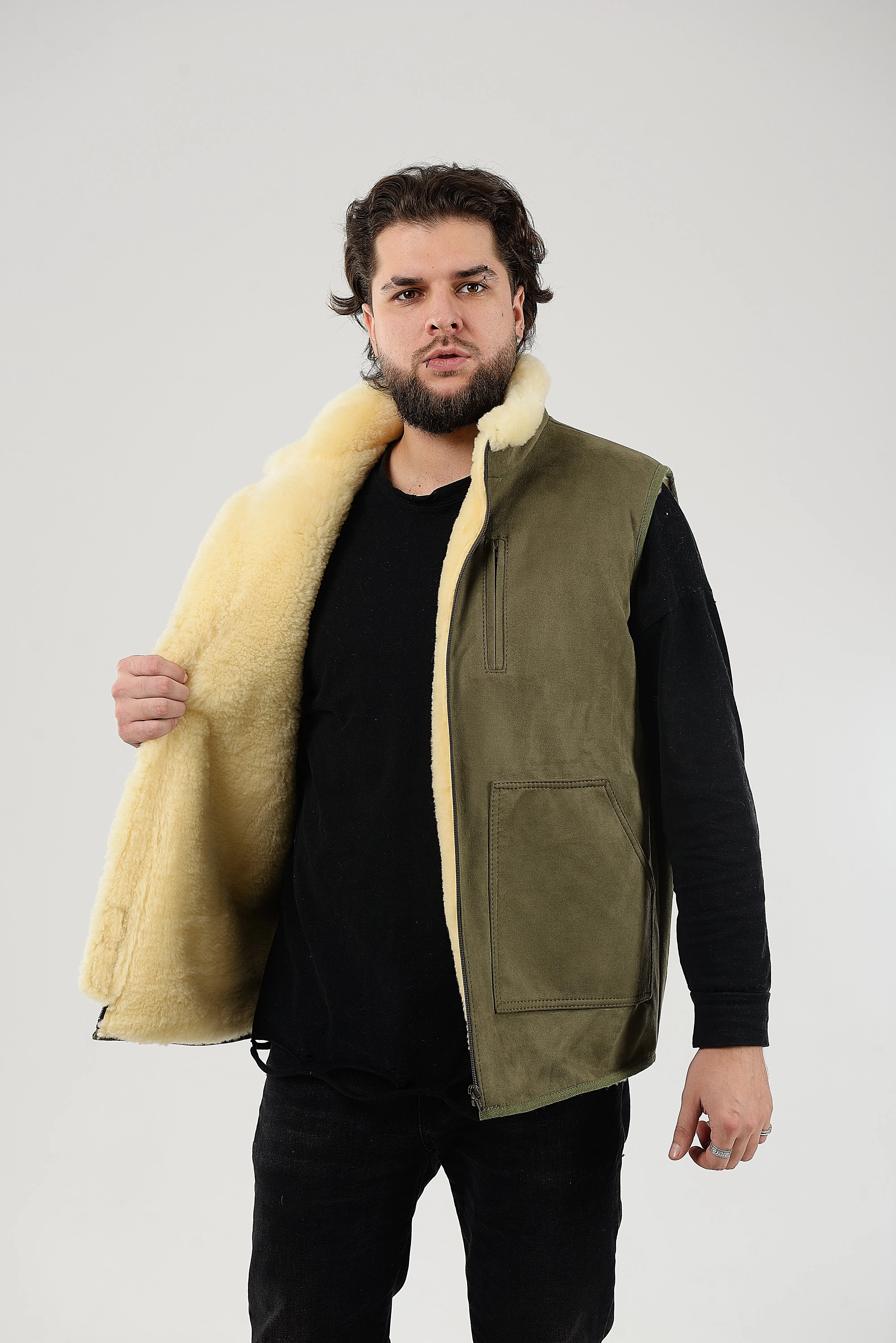 Green Sheepskin Vest with Patch Pocket Medical Sheepskin Hypoallergenic