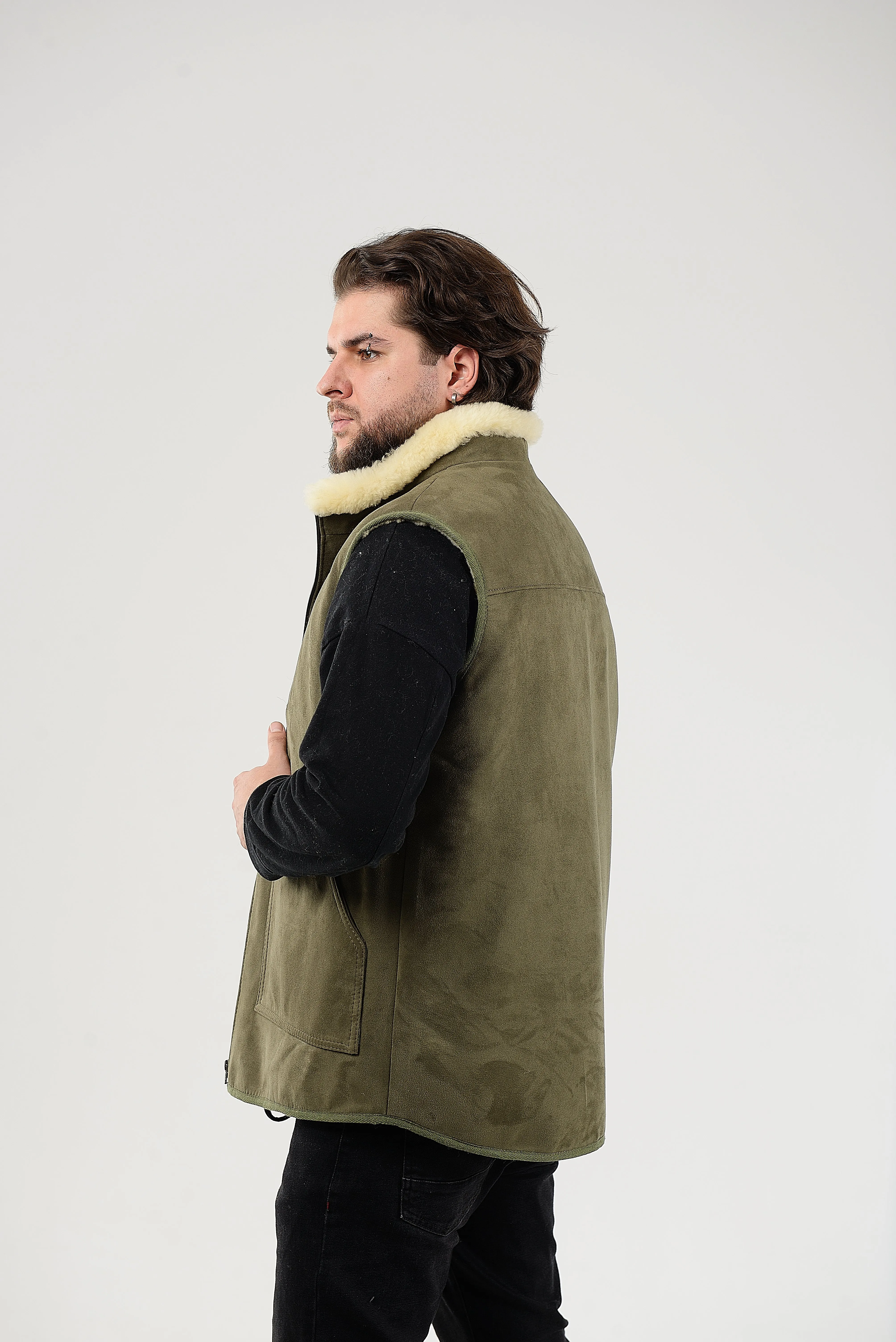 Green Sheepskin Vest with Patch Pocket Medical Sheepskin Hypoallergenic