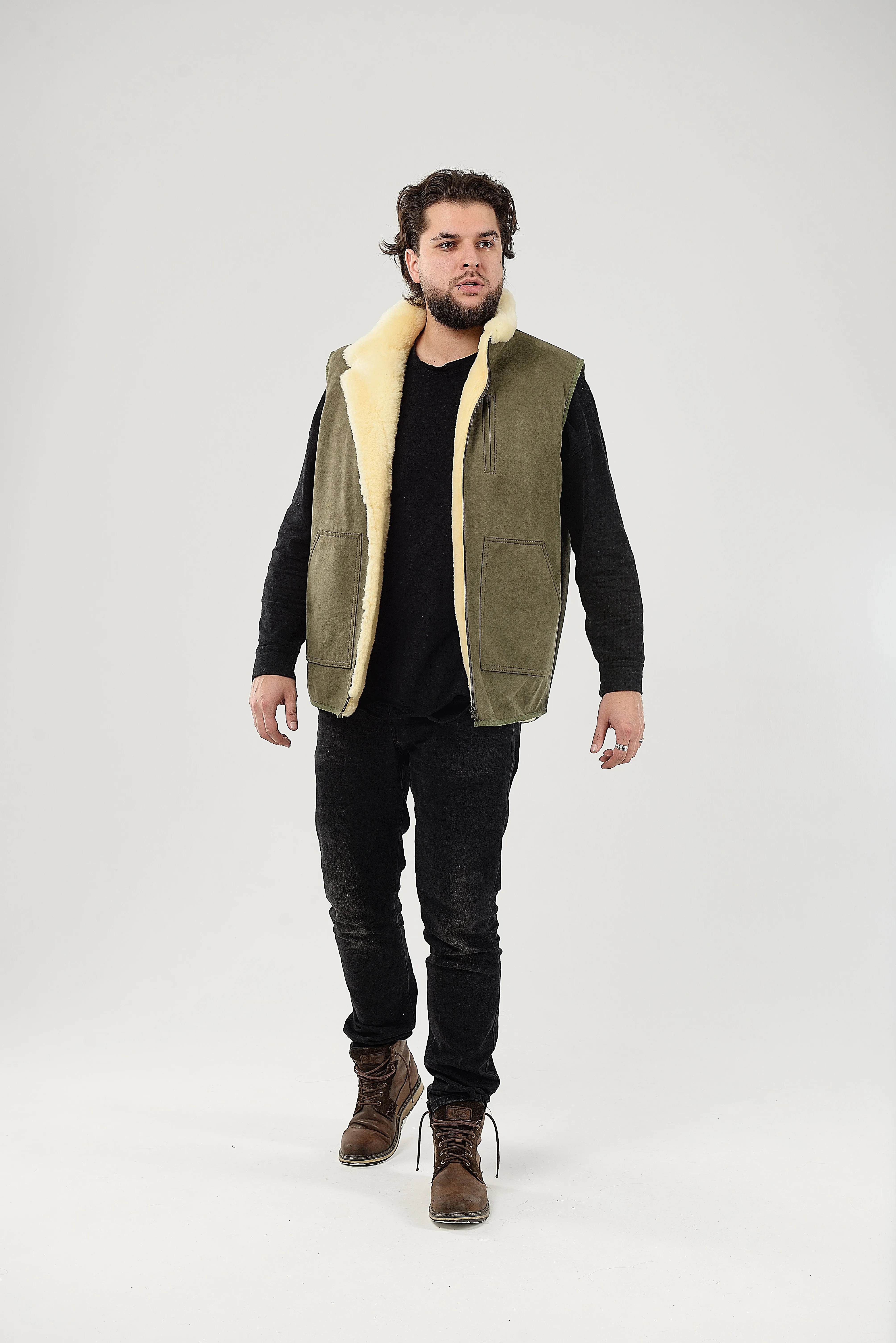 Green Sheepskin Vest with Patch Pocket Medical Sheepskin Hypoallergenic